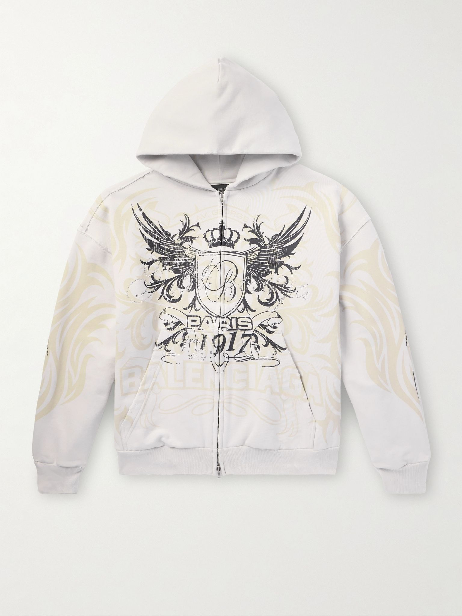 Tacky Embellished Metallic Logo-Print Cotton-Jersey Zip-Up Hoodie Off-white - 1