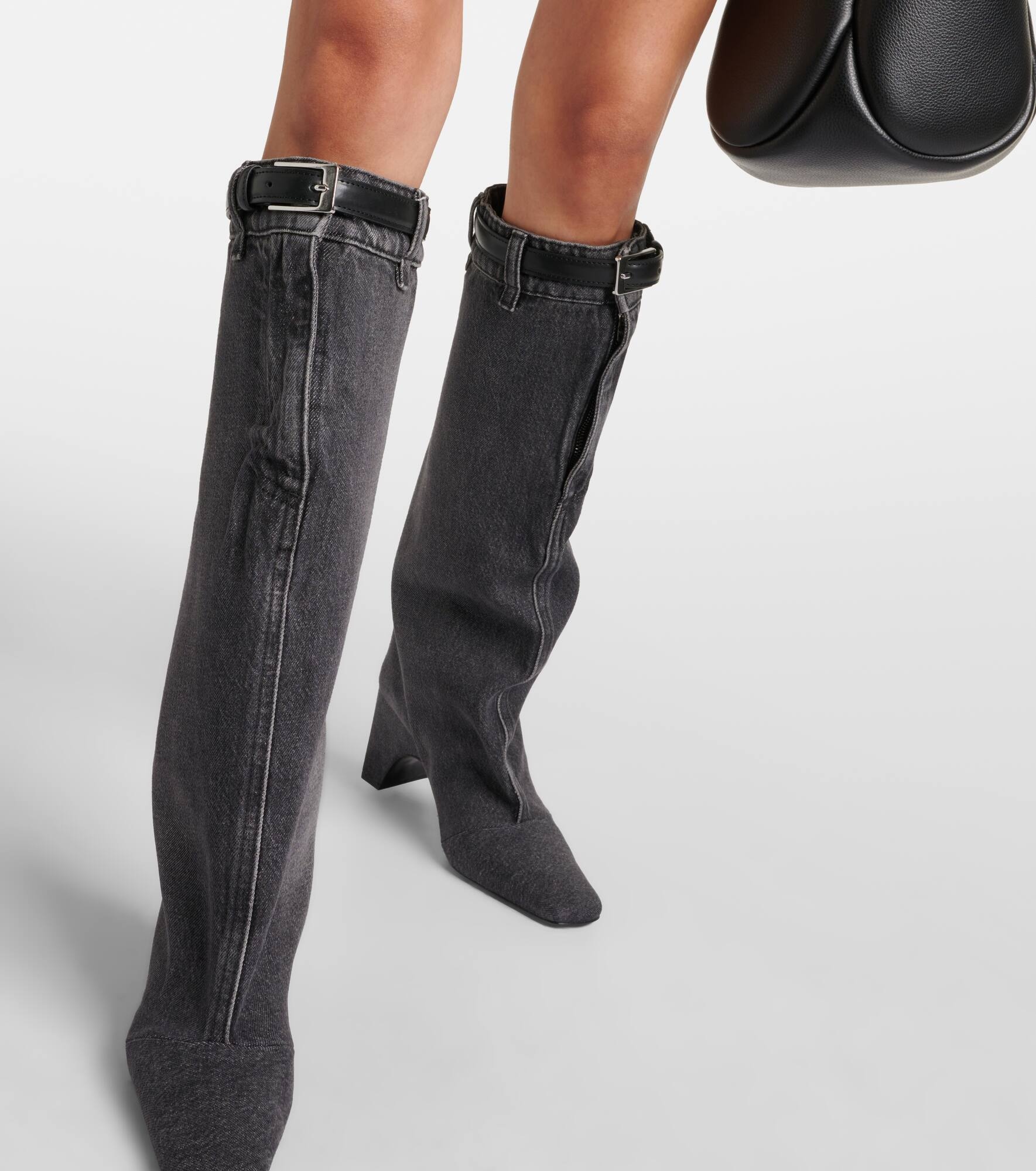 Leather-trimmed denim knee-high boots - 7