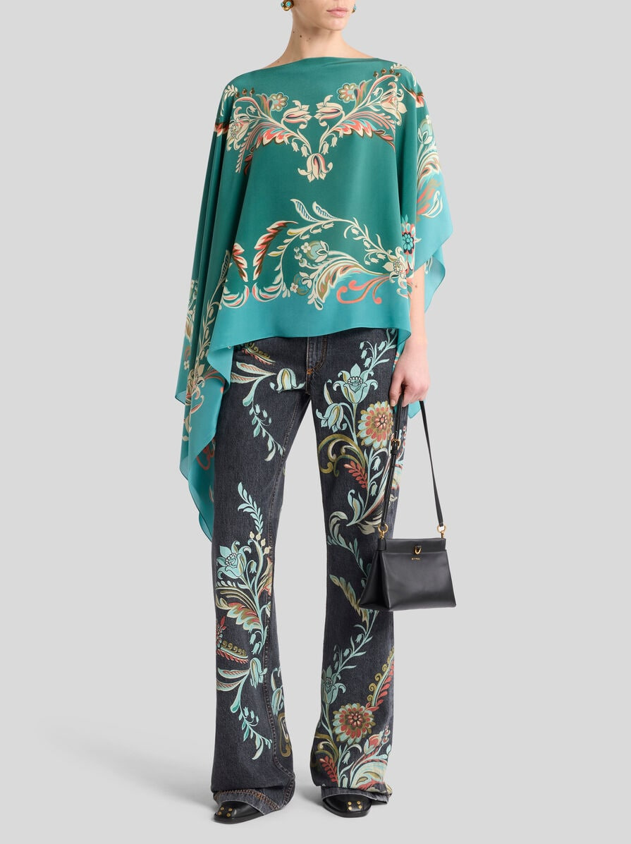 ASYMMETRIC SILK PONCHO TOP WITH DAFFODIL MOTIF - 3