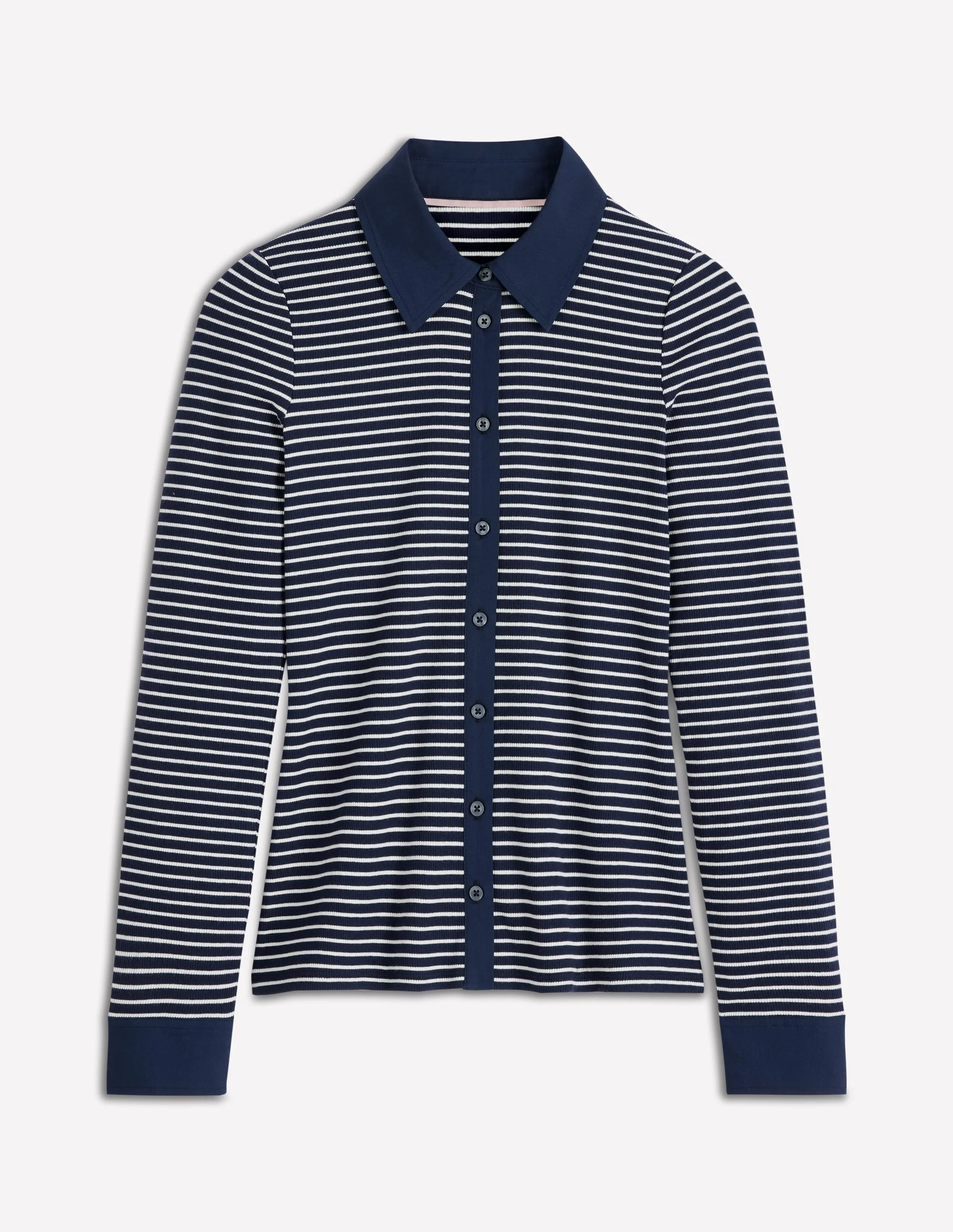 Collared Button Through Top-Navy and Ivory Stripe - 1