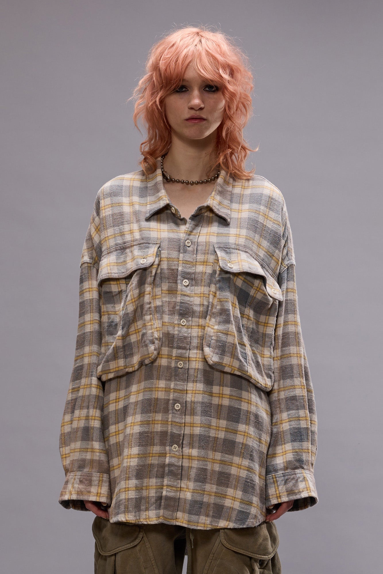 OVERSIZED POCKET DROP NECK SHIRT - CREAM/BLUE PLAID - 2