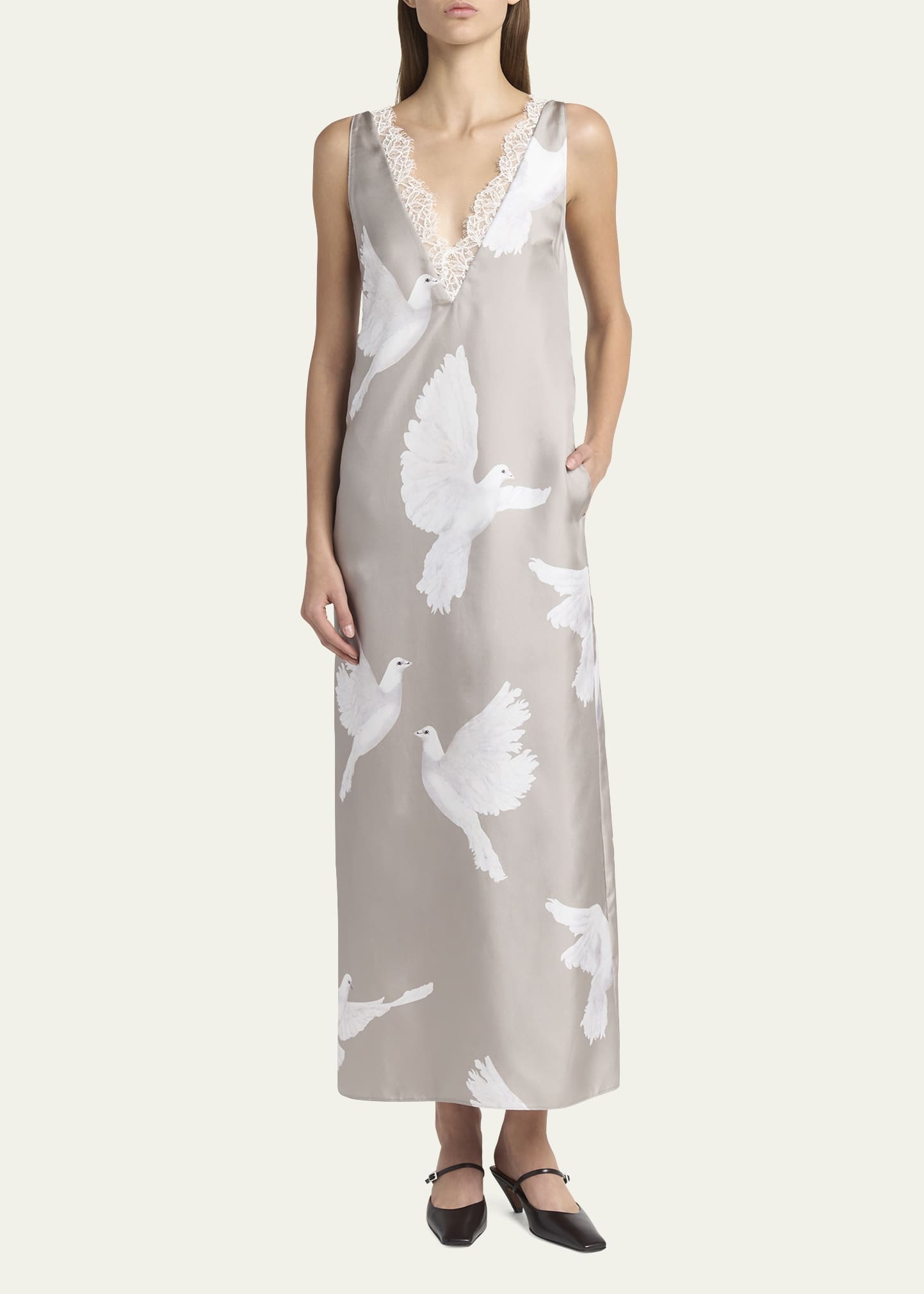 Dove Print Lace Trim Silk Slip Dress - 2