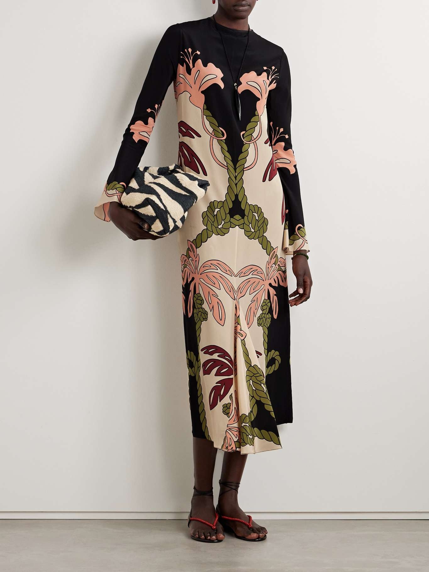 Queen Palm belted printed silk crepe de chine midi dress Black - 2