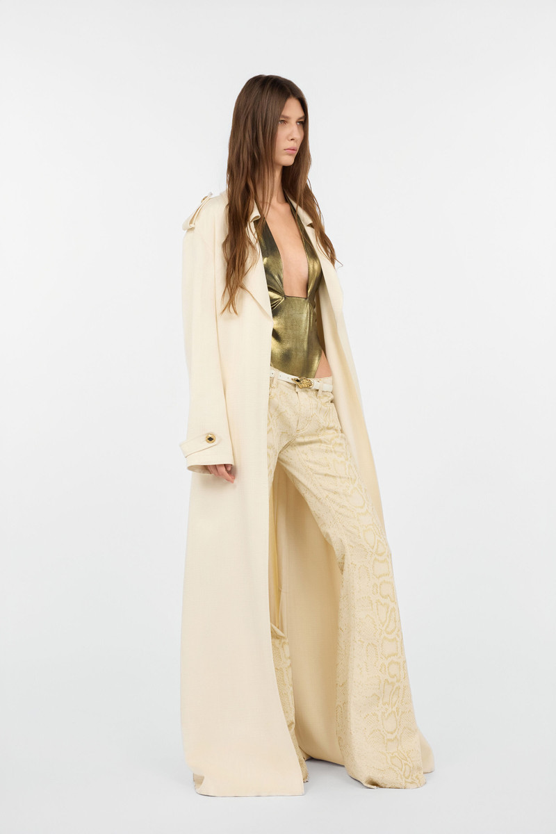Extra-Long Ivory Trench Coat with Pleated Detailing 3