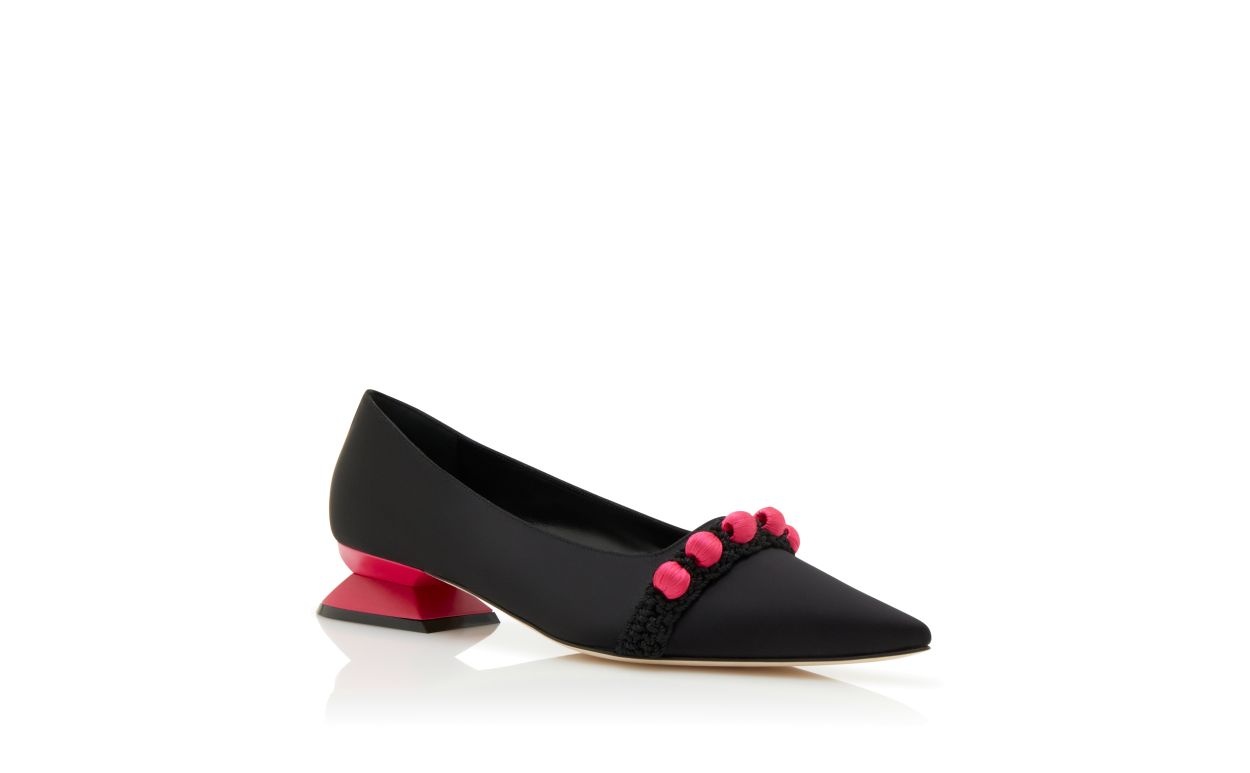 Black and Pink Satin Pom Pom Pumps - 3