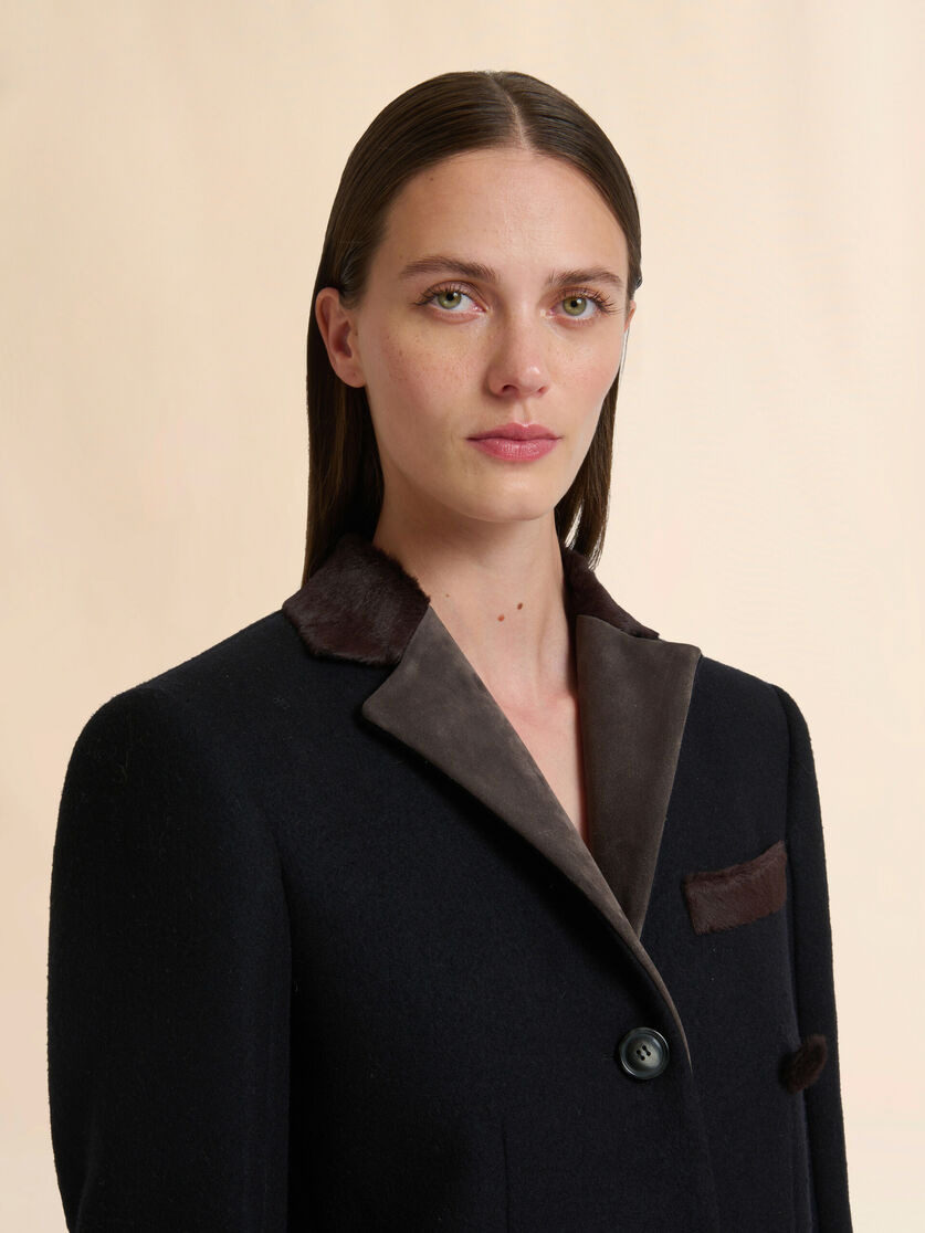 BLACK WOOL FELT COAT WITH LEATHER DETAILS - 4