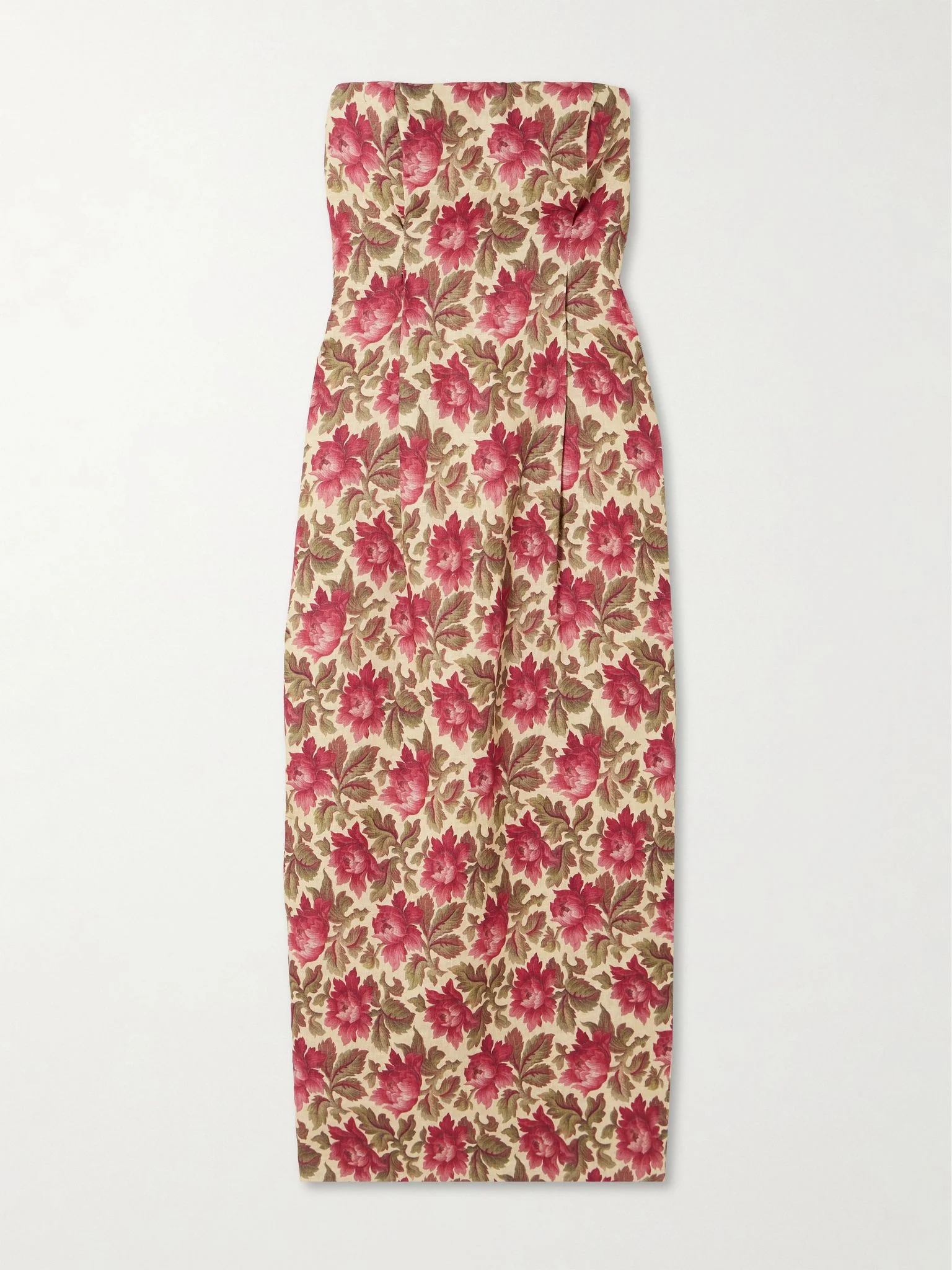Rosalie strapless pintucked floral-print linen midi dress Red - 1