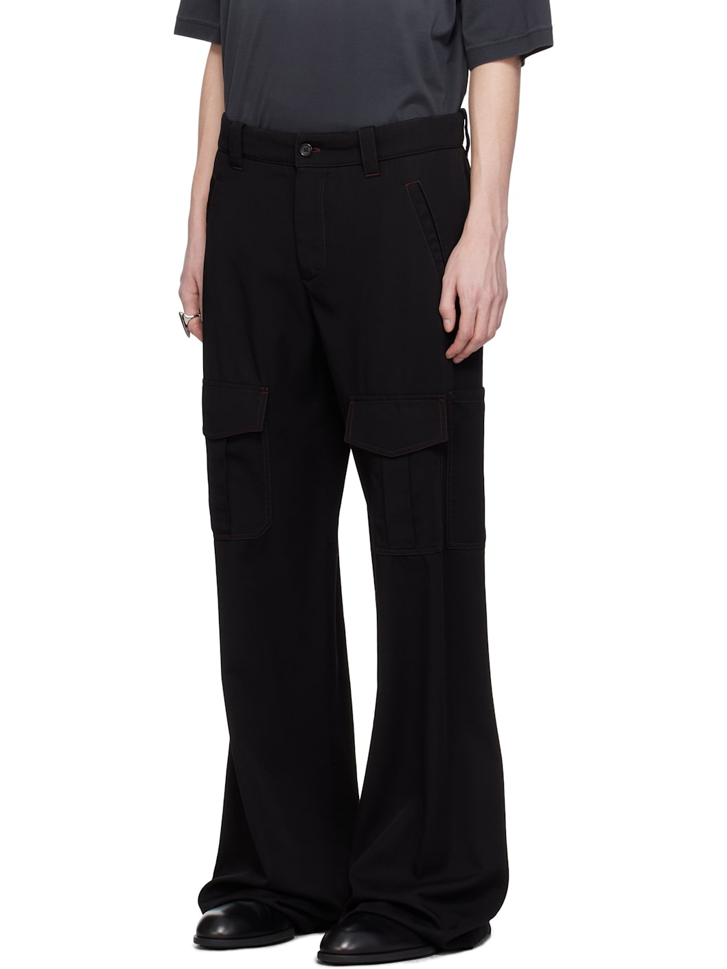 Black Wool Overdyed Low-Rise Cargo Pants - 4