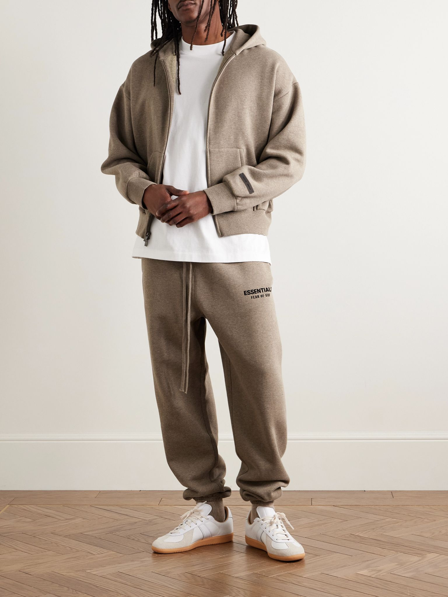 Tapered Logo-Appliquéd Cotton-Blend Jersey Sweatpants Taupe - 2