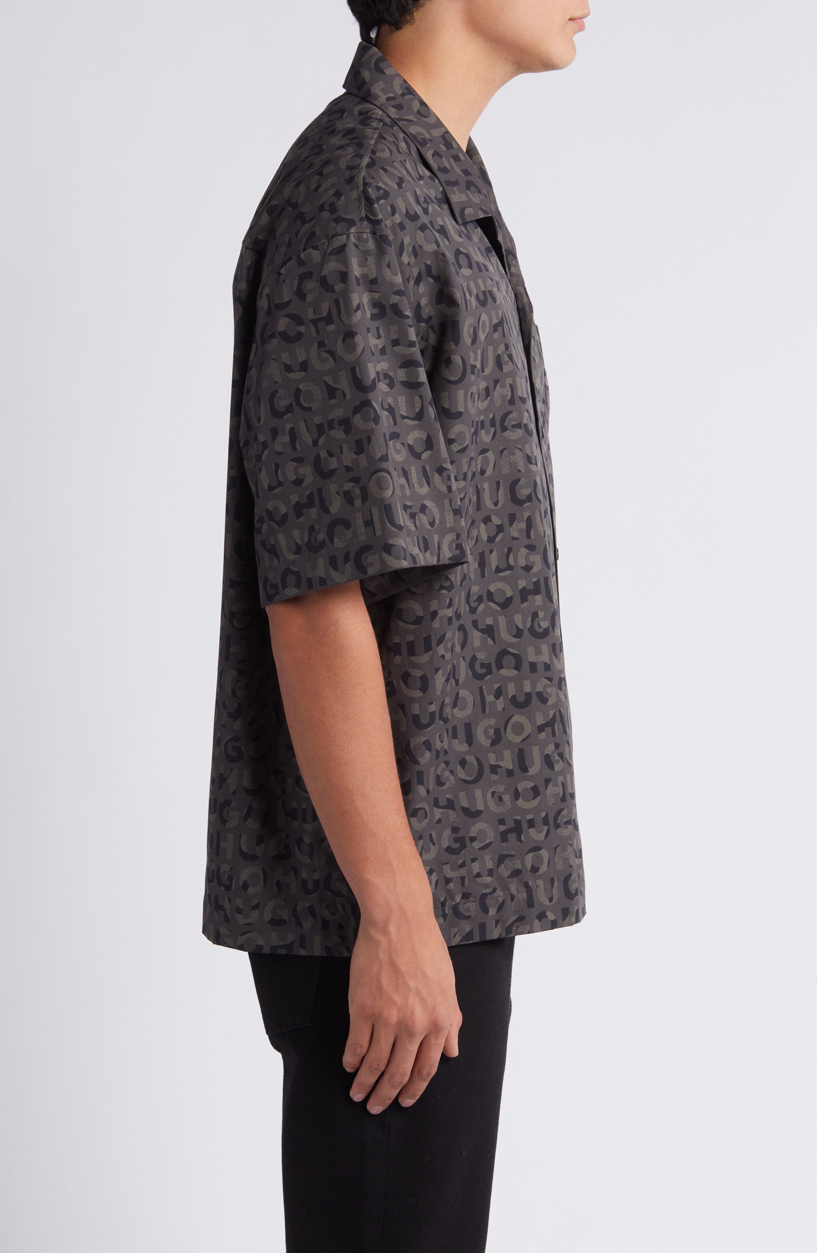 HUGO Egeeno Oversize Camo Logo Camp Shirt in Black at Nordstrom - 4