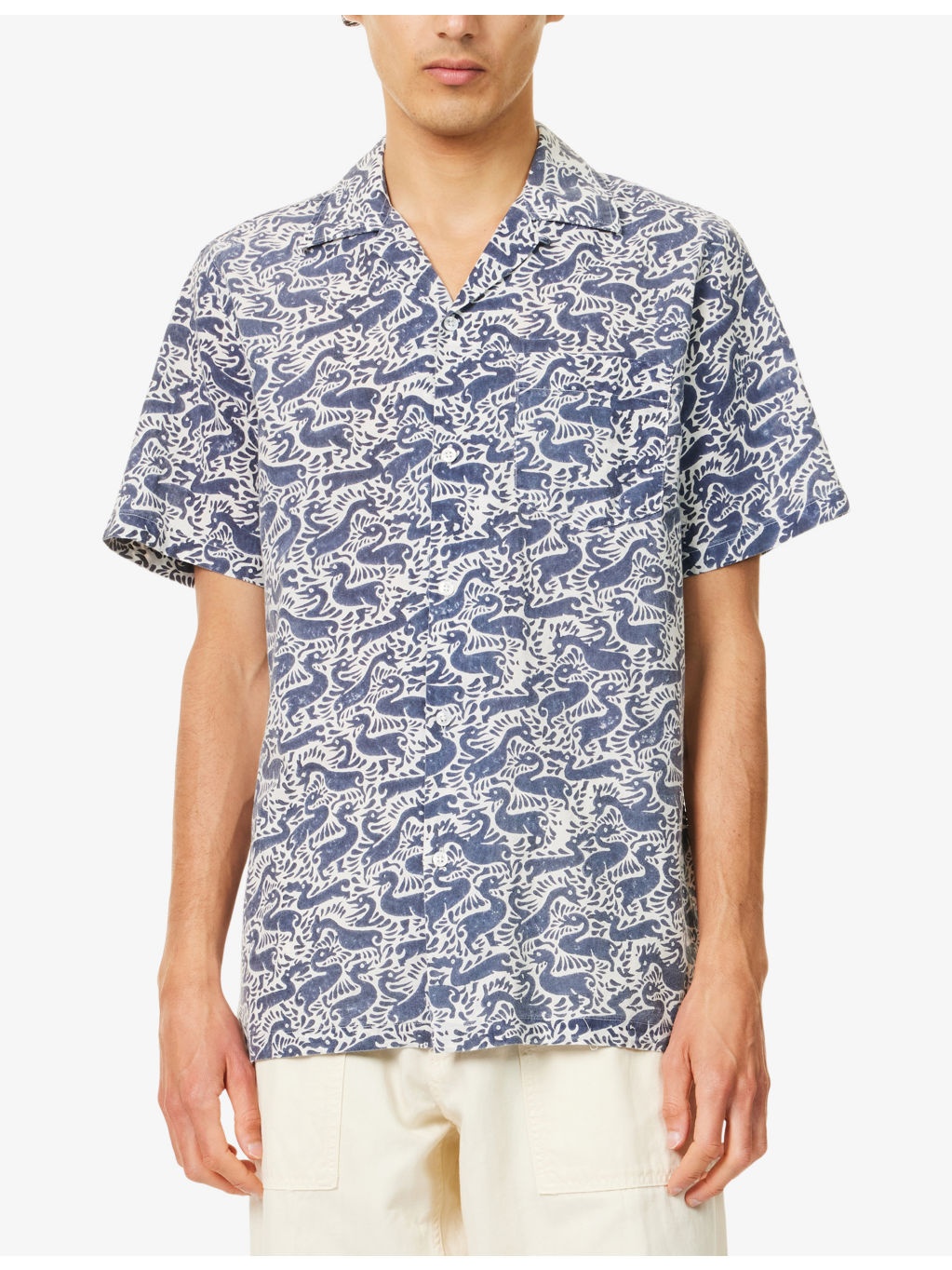 Duck Block-Print Camp-Collar Short Sleeve Cotton Shirt - 3