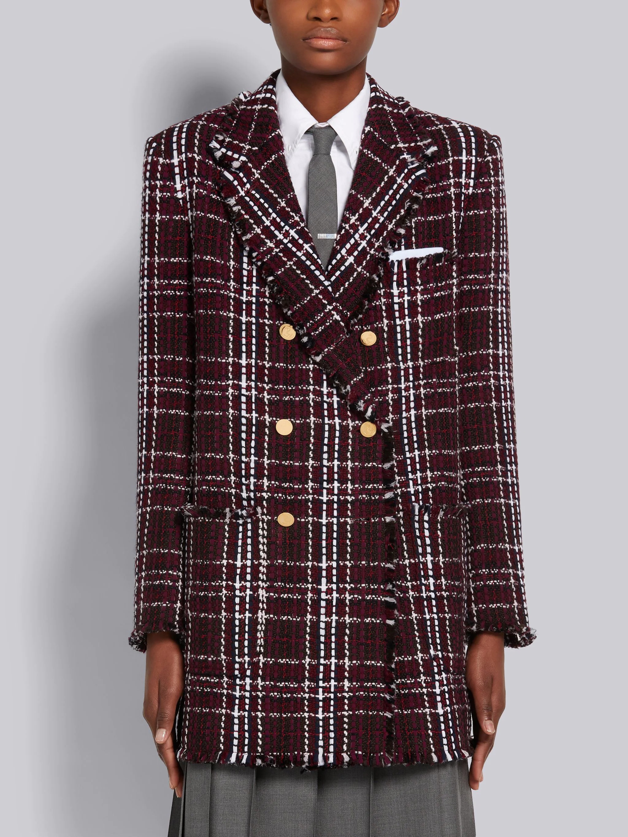 Burgundy Tartan Check Tweed Oversized Double Breasted Sack Jacket - 1