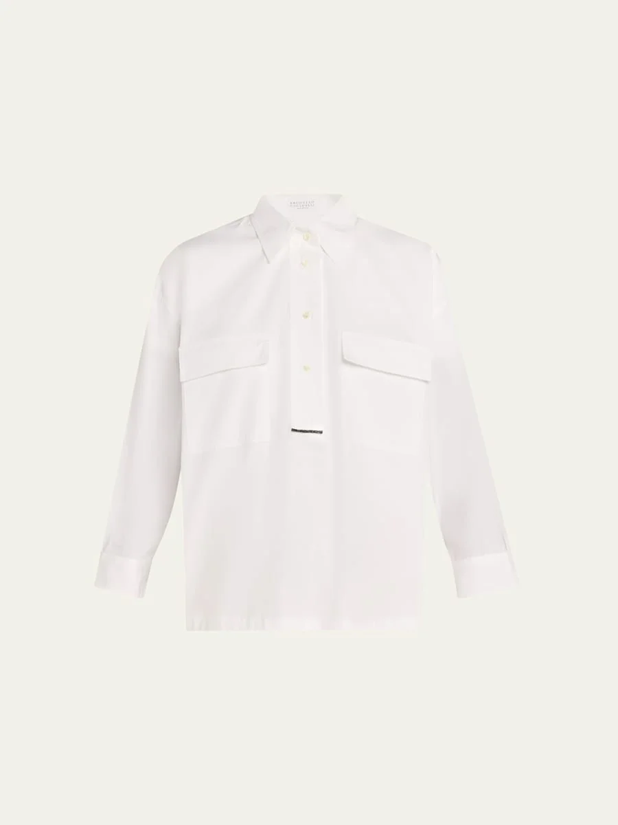 Monili-Trim Matte Poplin Button-Down Shirt - 1