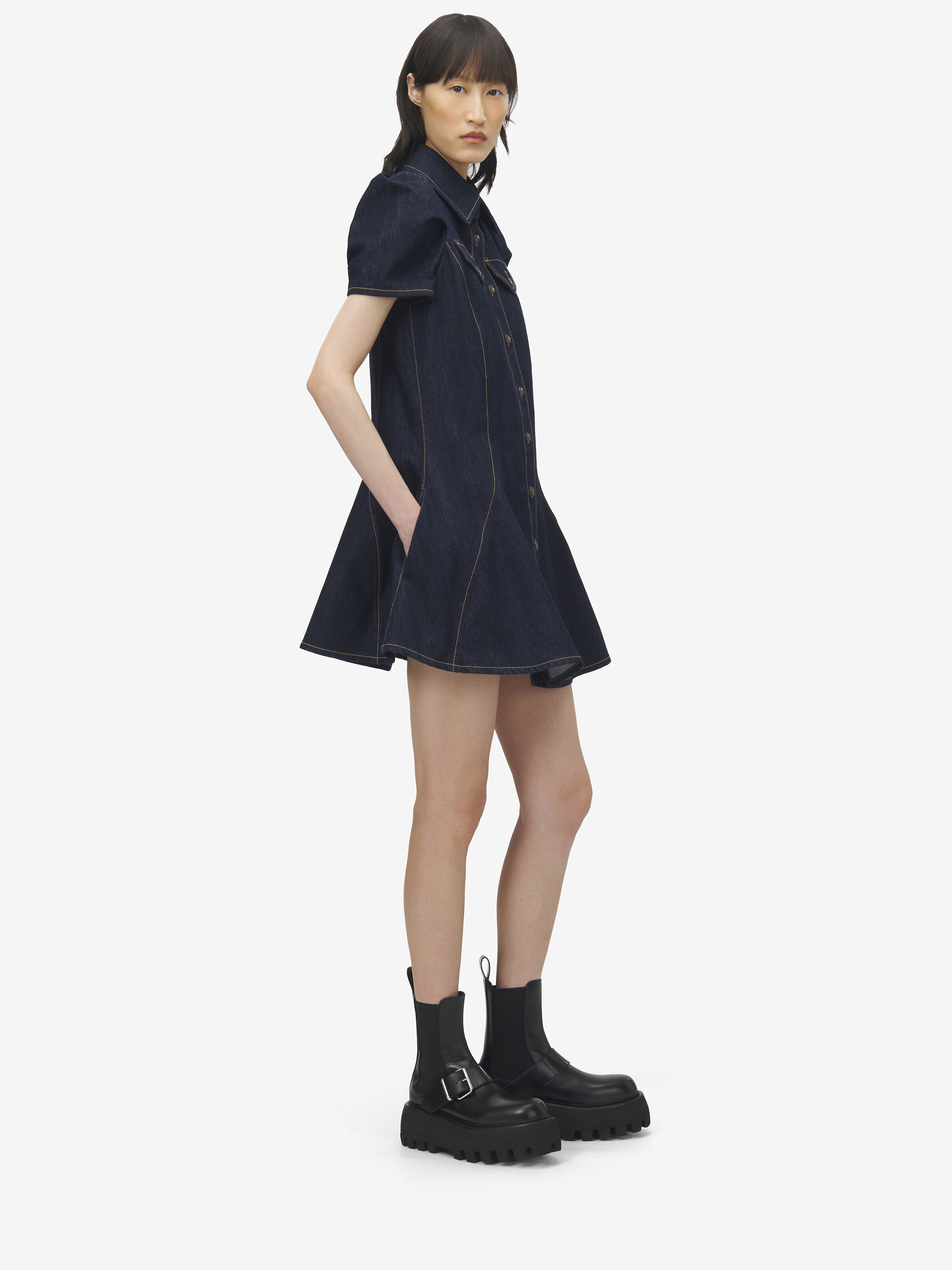 Pinched Shoulder Denim Mini Dress - 2