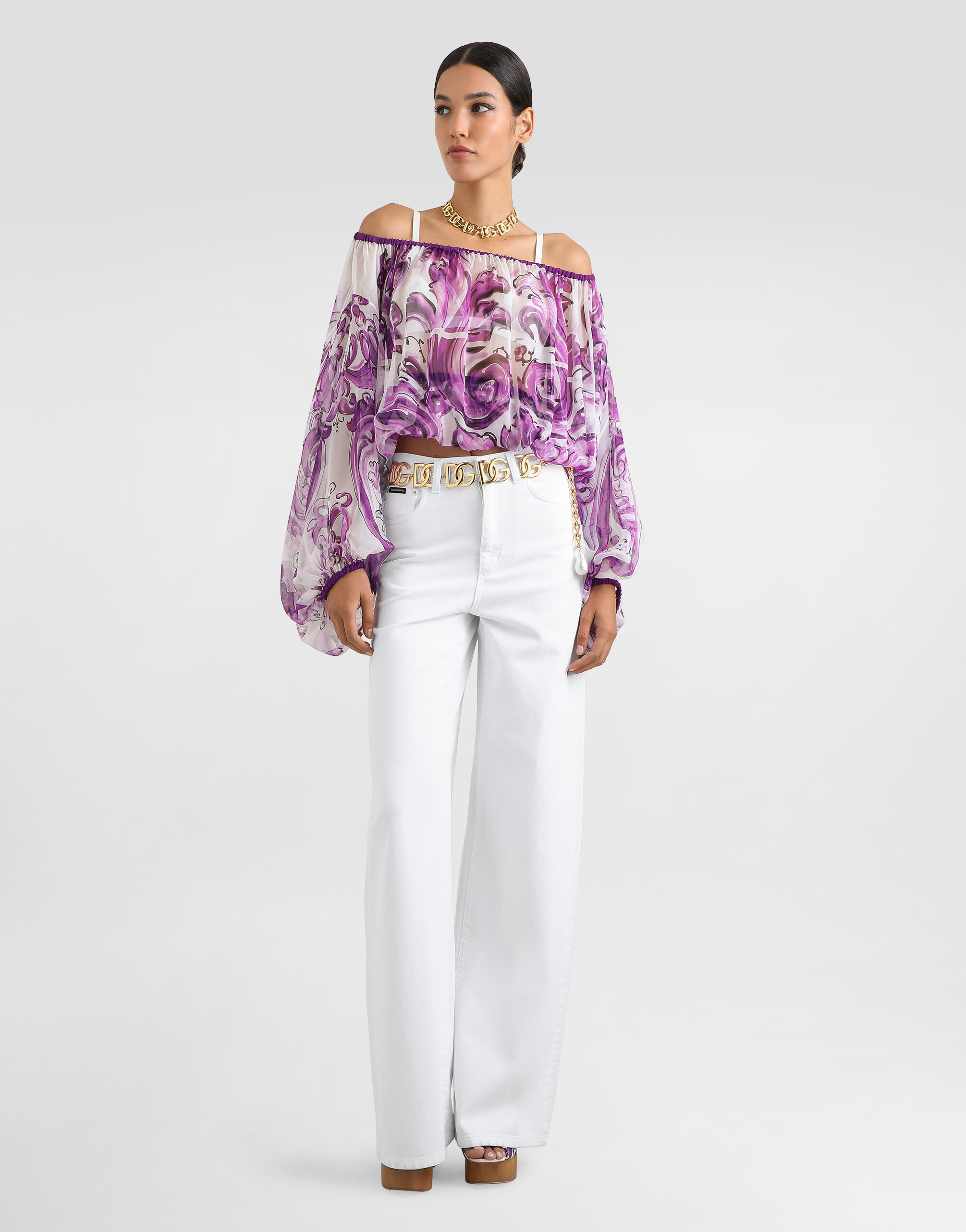 Majolica-print silk chiffon top - 2