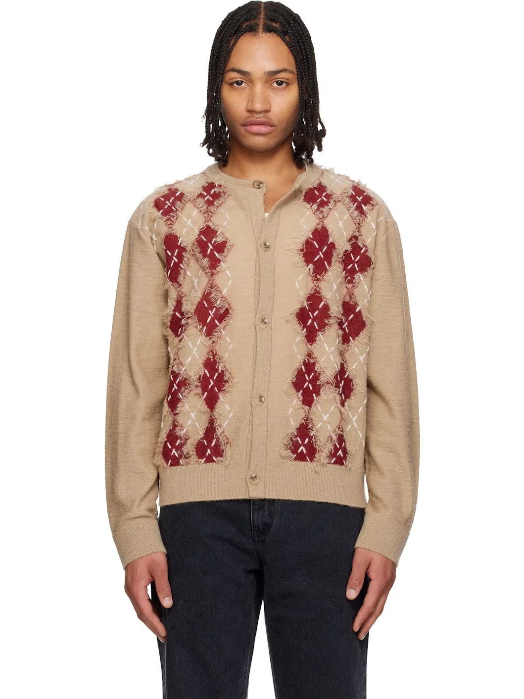 Beige Argyle Roundneck Cardigan - 1