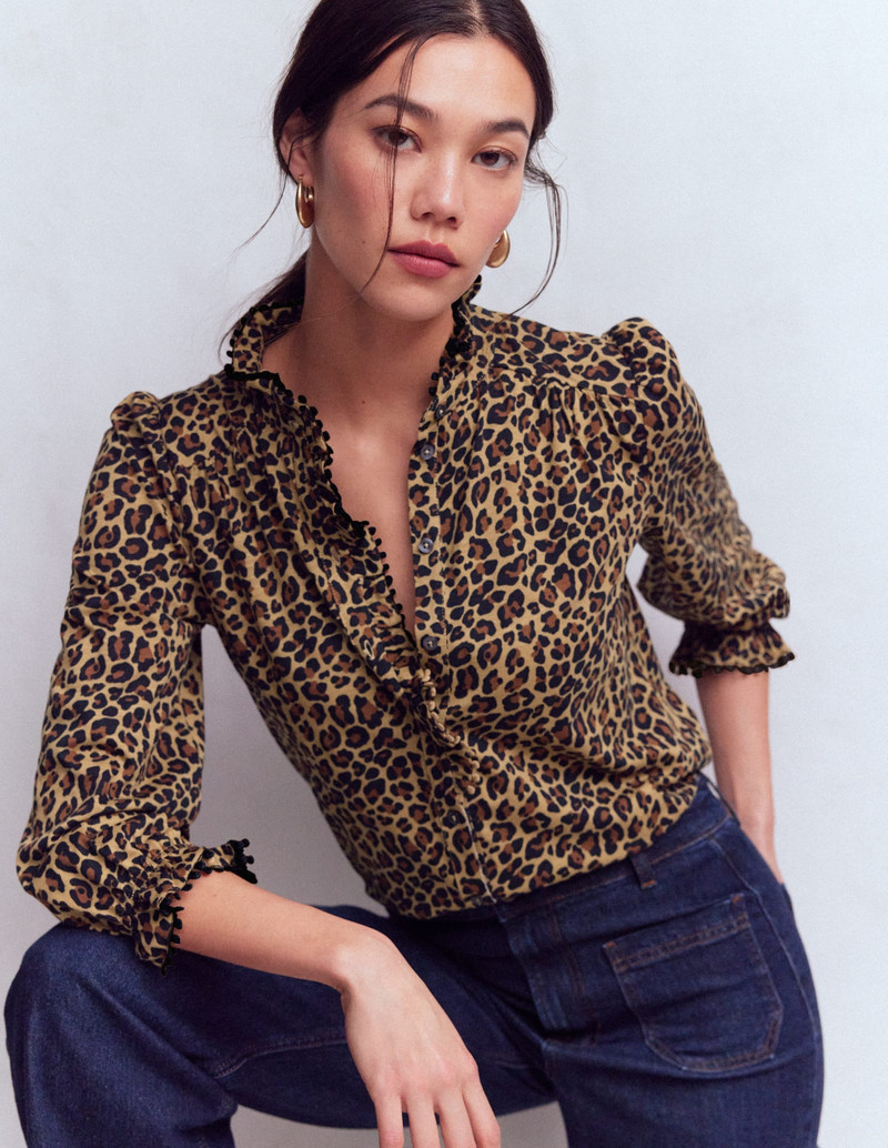 Emily Pom Detail Ruffle Shirt-Camel, Cheetah Pop 2