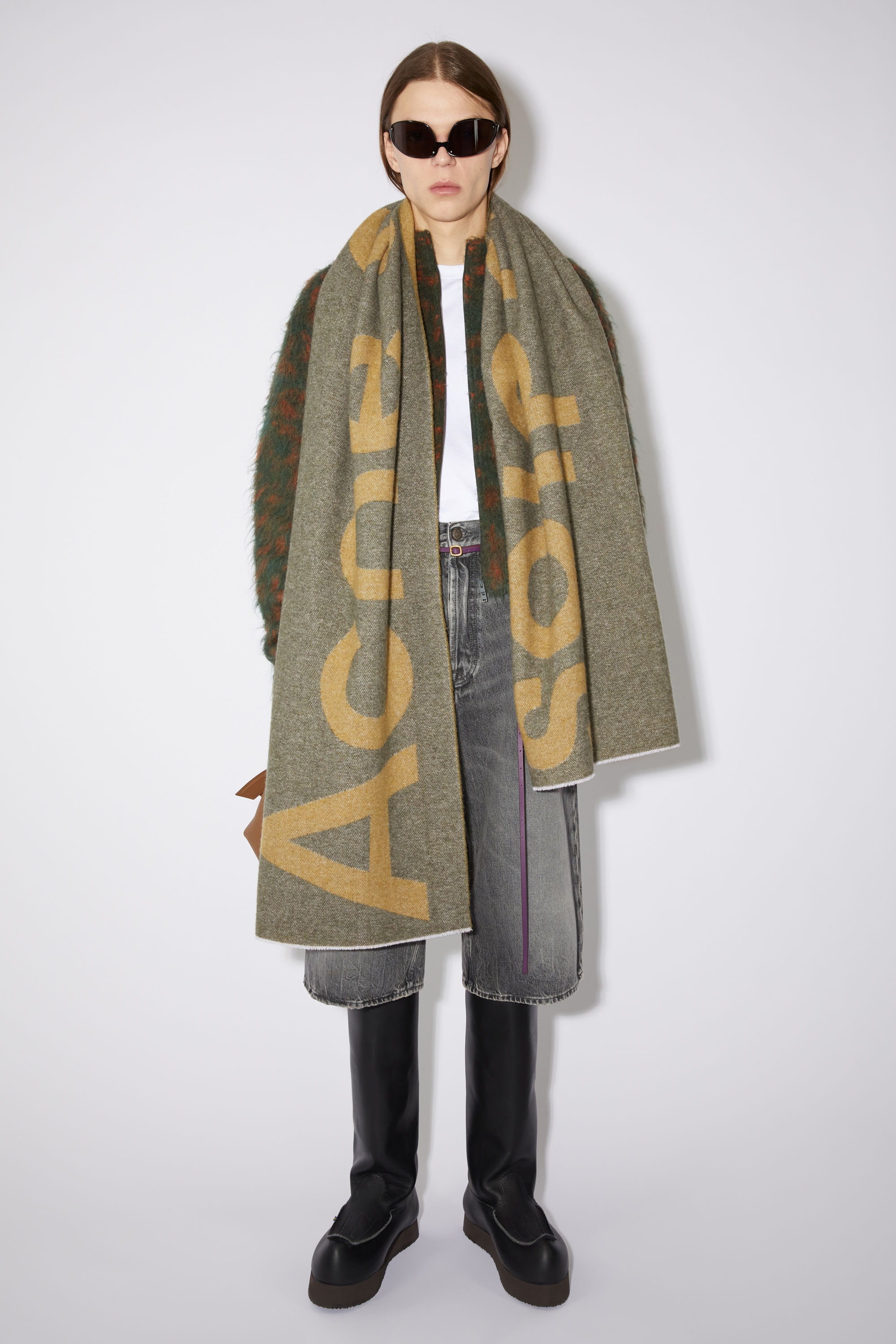 Checked wool fringe scarf - Khaki green/mustard yellow - 3