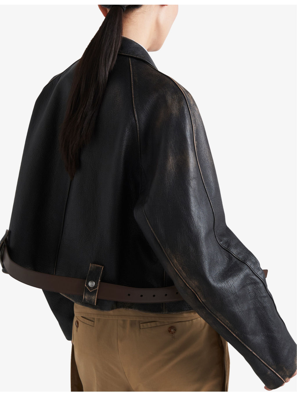 Belted-hem faded leather jacket - 4