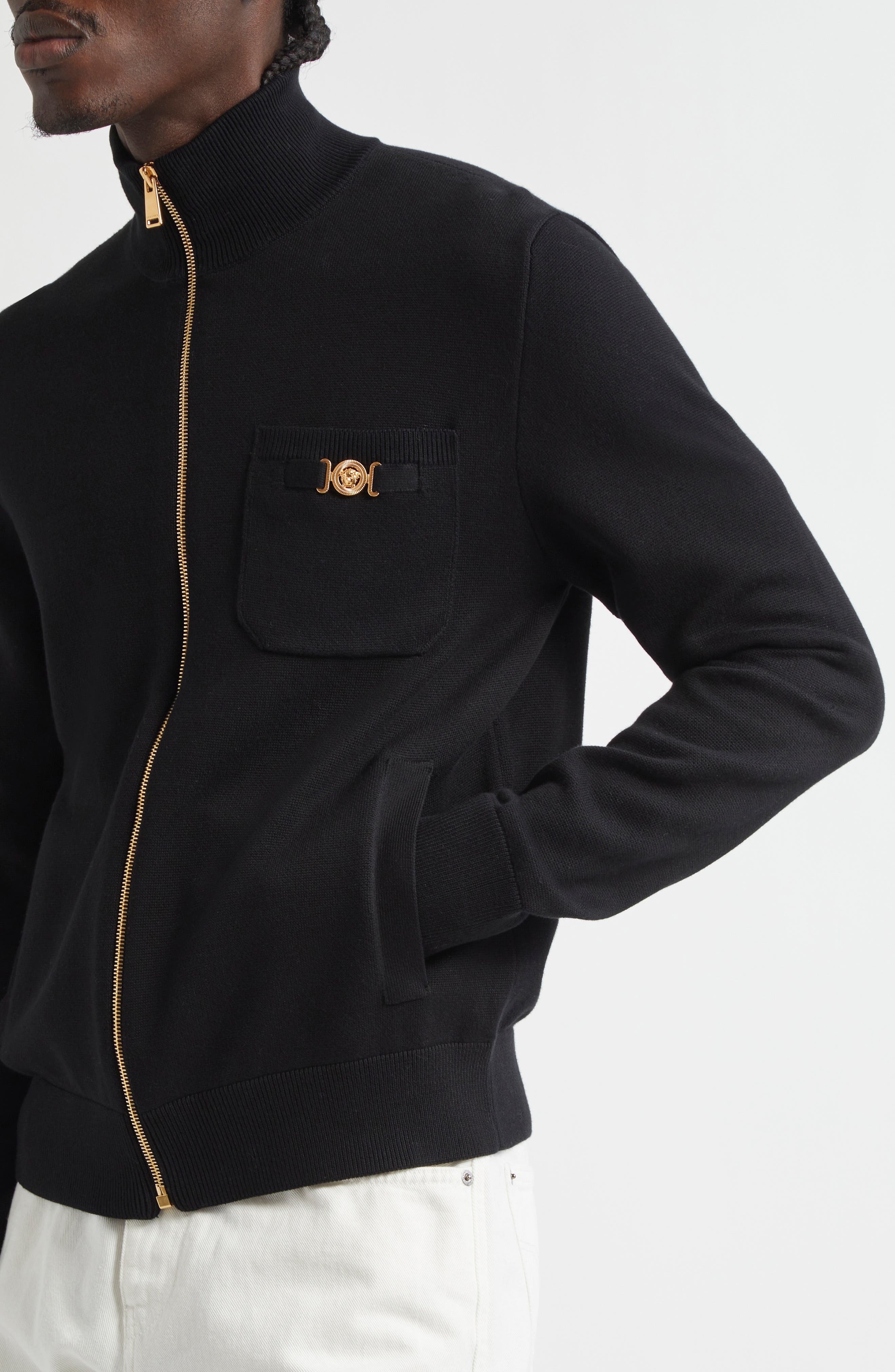 Versace Medusa Biggie Cotton & Cashmere Blend Zip Cardigan in Black at Nordstrom - 4