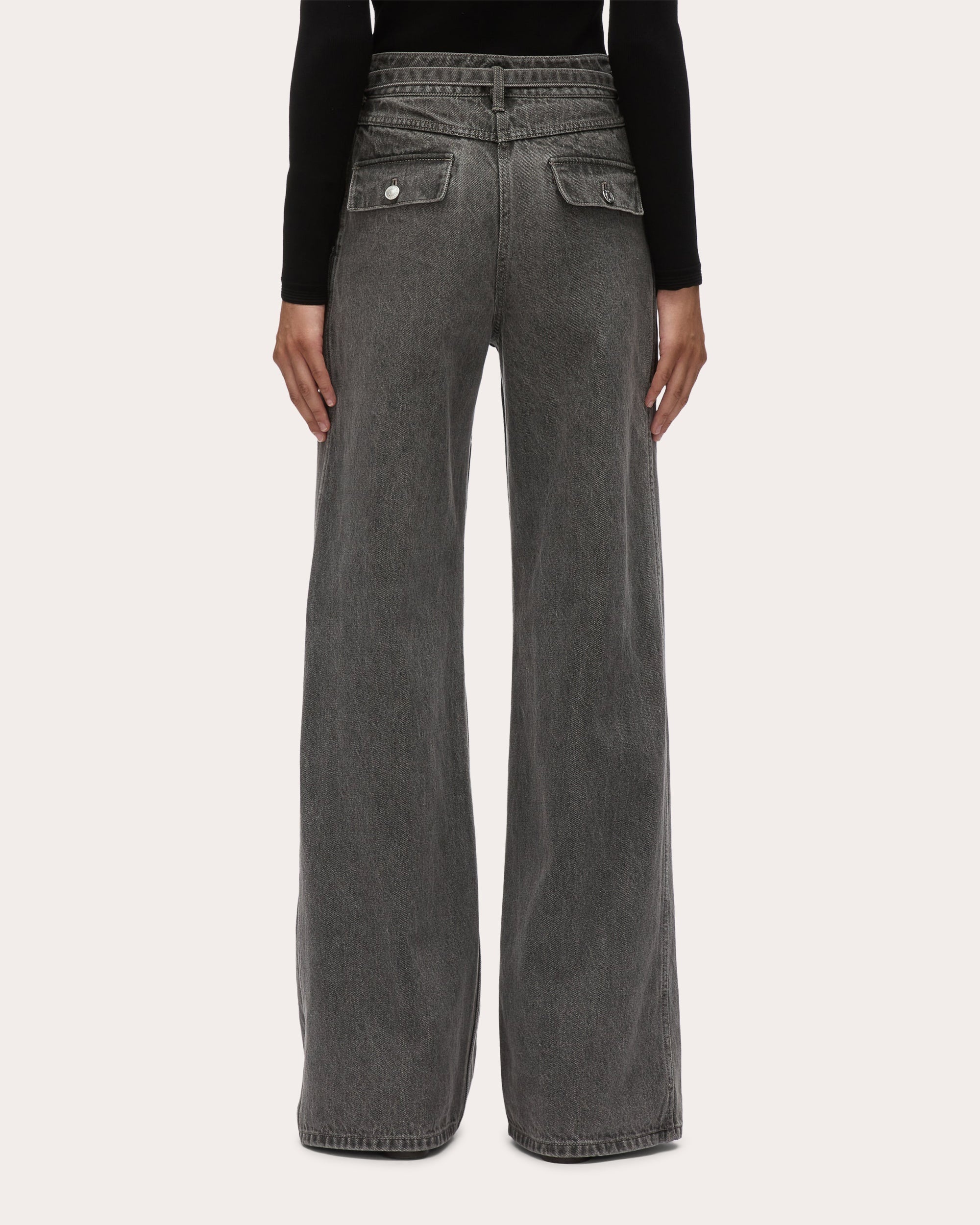 Acid Wash Denim Belted Cargo Wide-Leg Jeans - 2