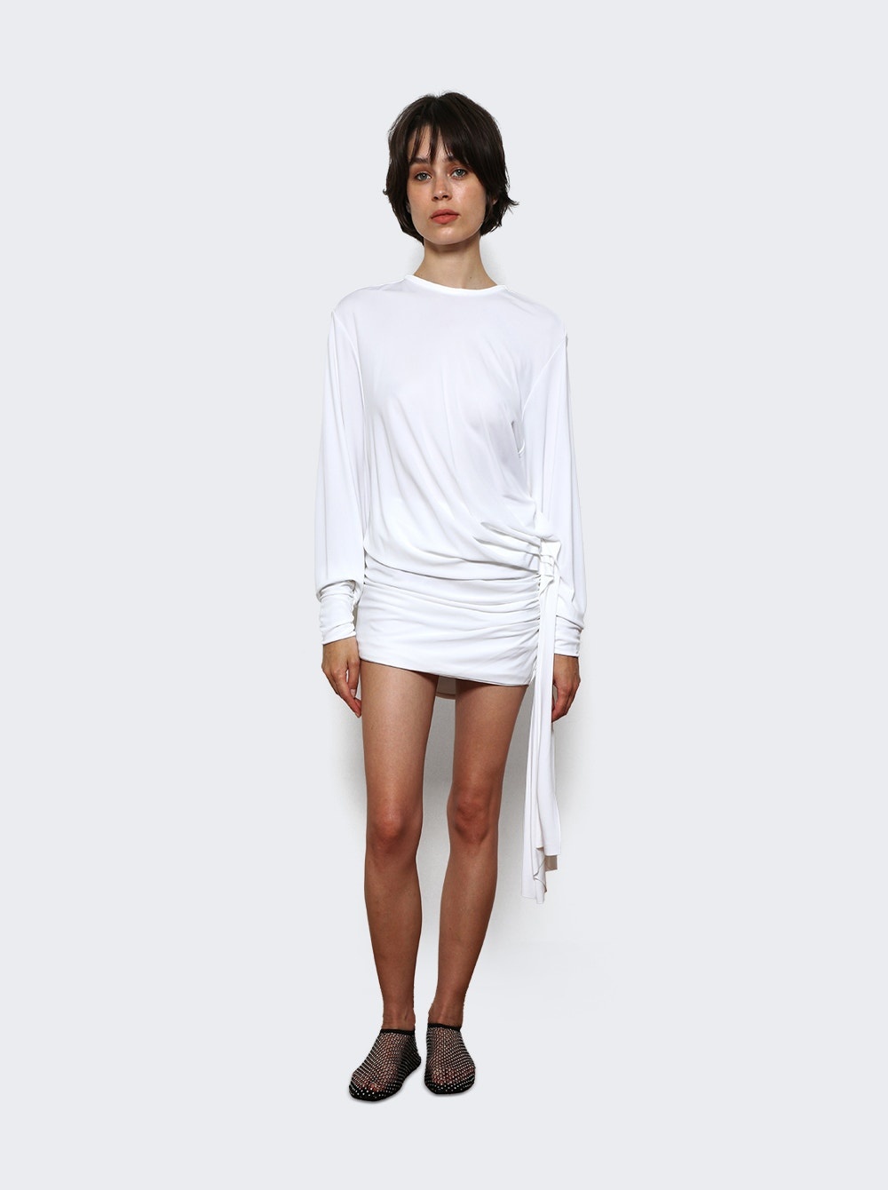 Side Cowl Drape Dress White - 2