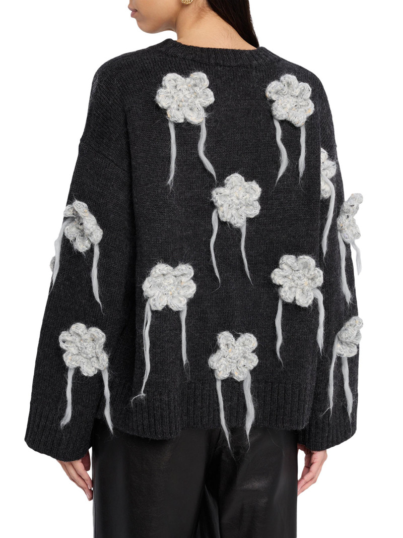 Women's Floral Crochet Crewneck Sweater - Black 4