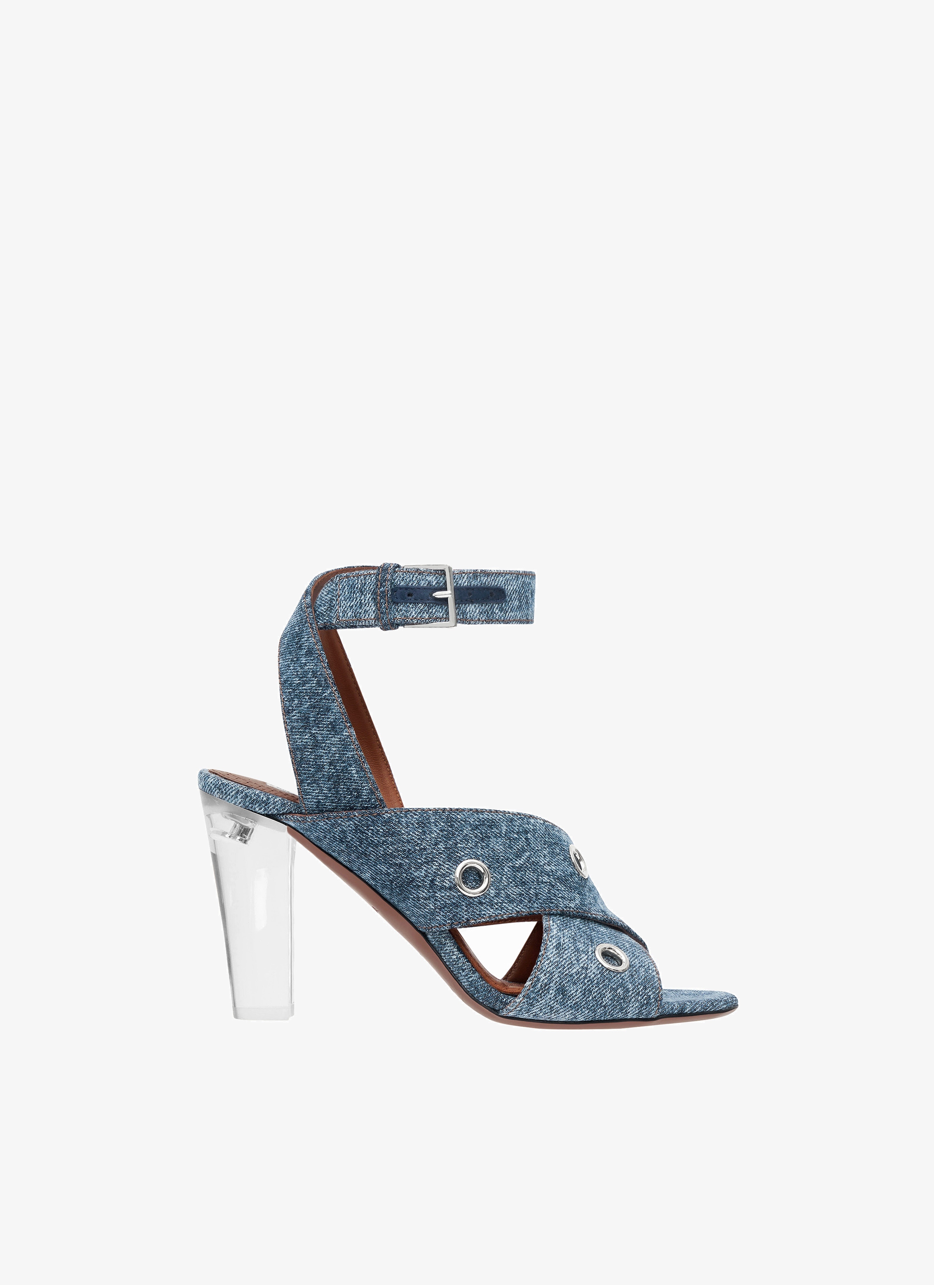 BLOCK HEEL SANDALS IN DENIM WITH EYELETS - 1