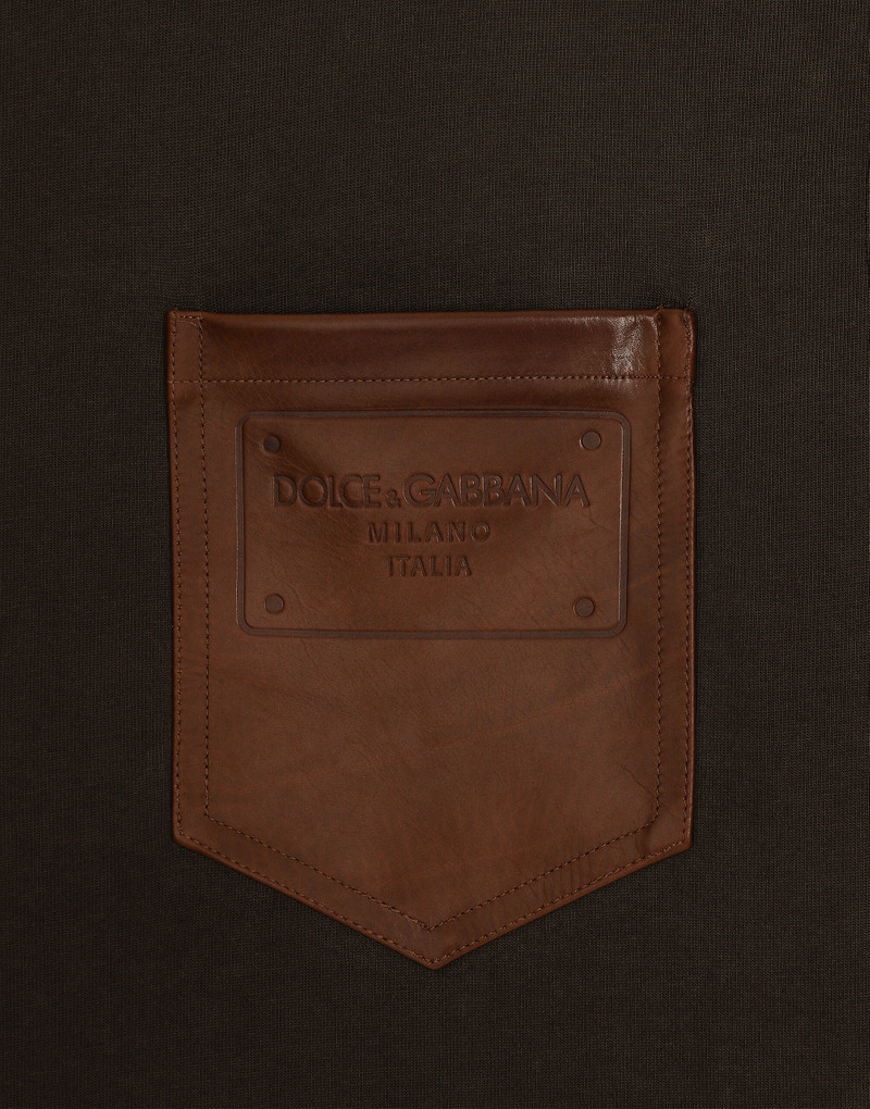 Cotton T-shirt with leather breast pocket and logo 3