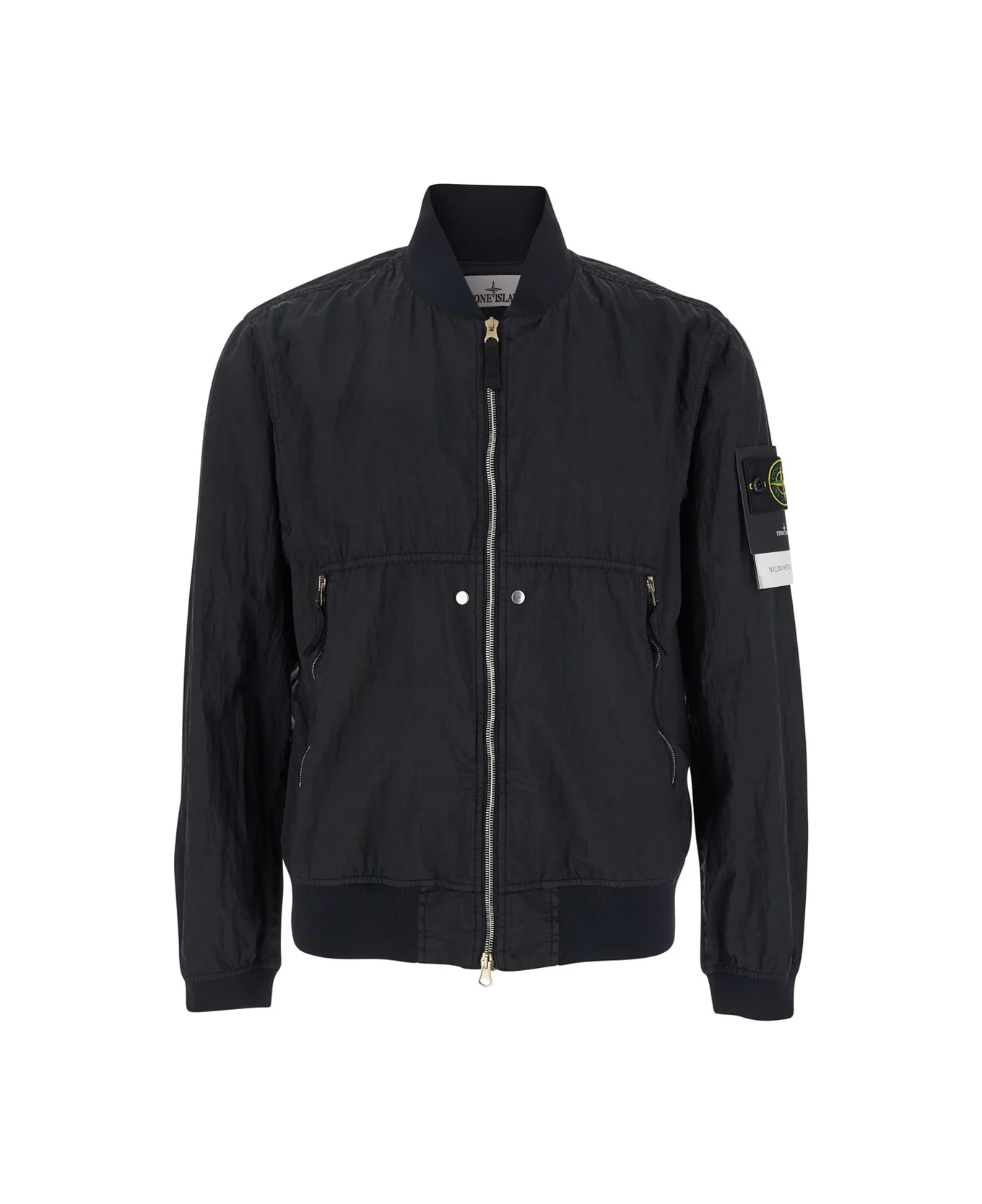 Black Bomber Jacket With Front Zip Closure And Logo Patch On The Sleeve In Tech Fabric Man - 1