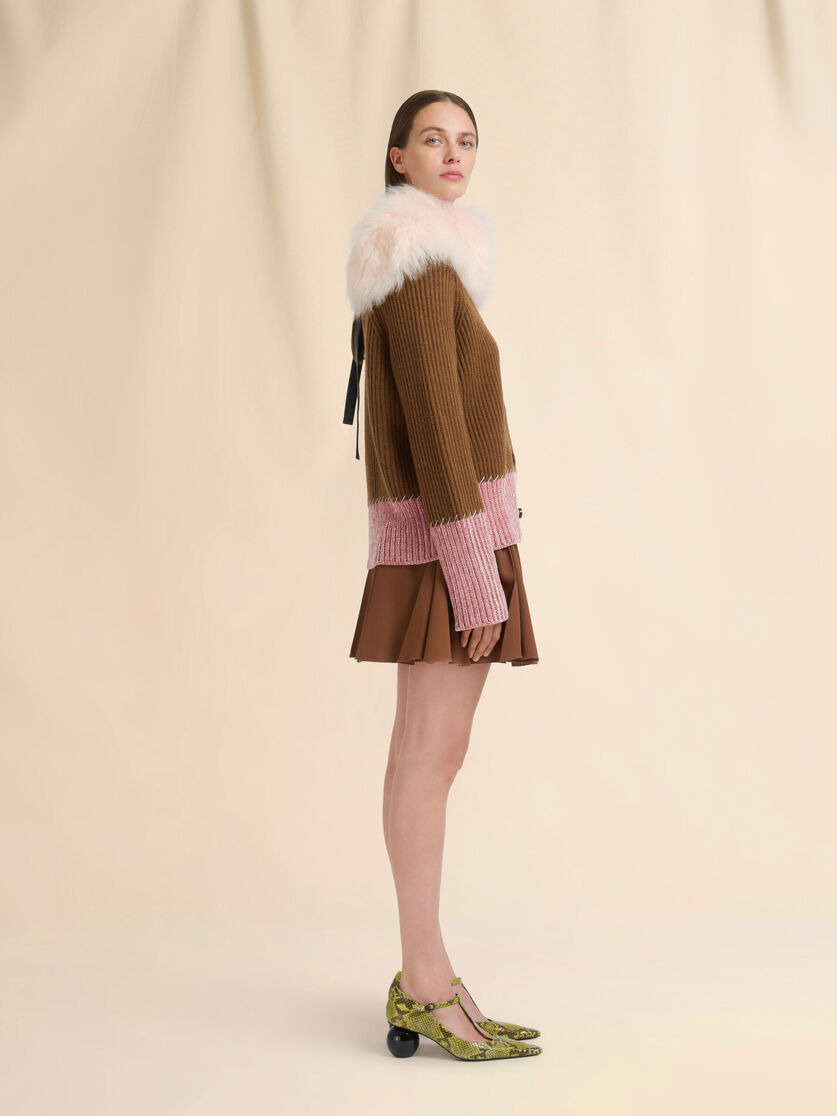 BROWN WOOL COLOR-BLOCK CARDIGAN - 5