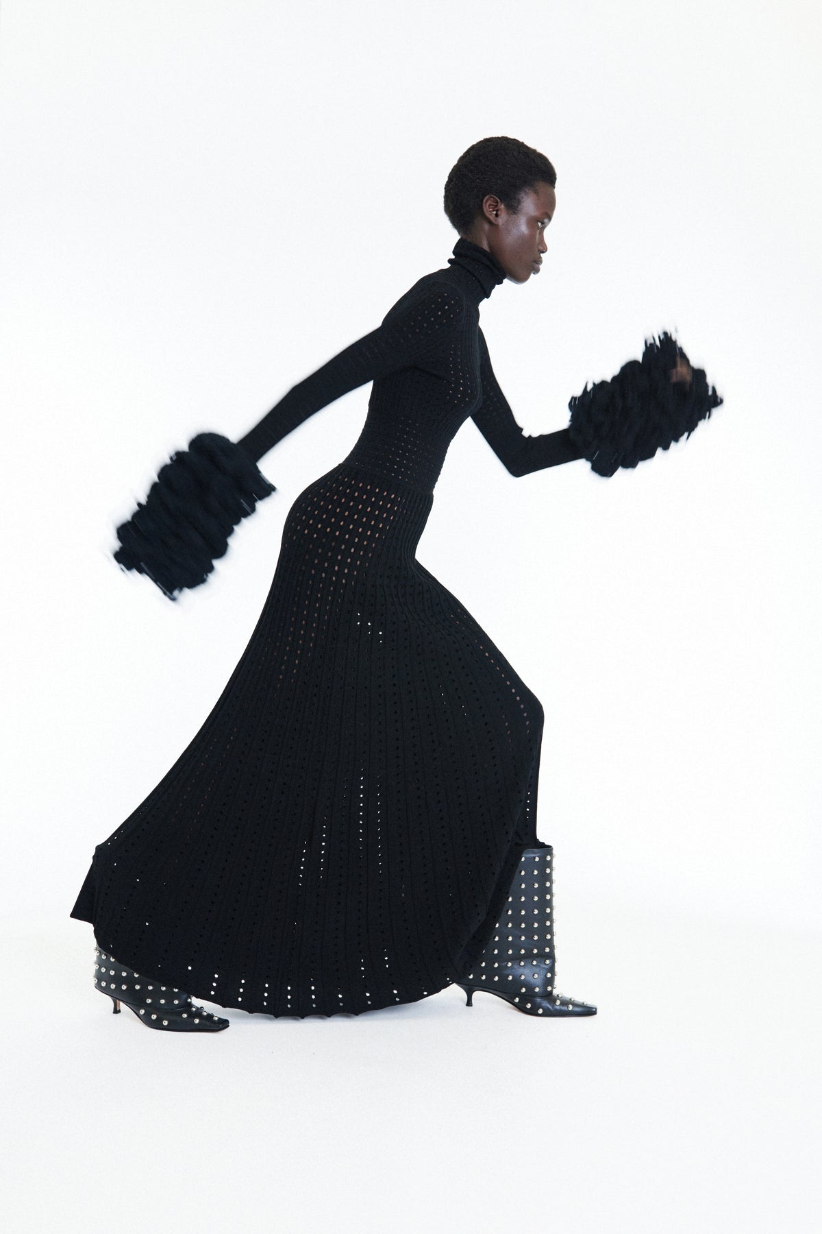 PERFORATED KNIT MAXI DRESS WITH THREADED CUFFS BLACK - 10