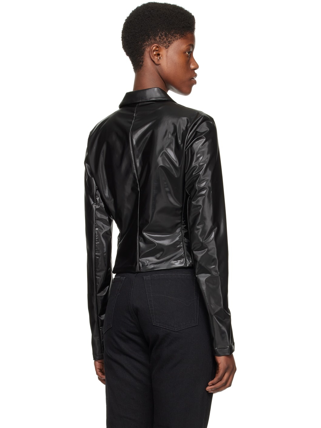 Black Trapeze Faux-Leather Blazer - 3