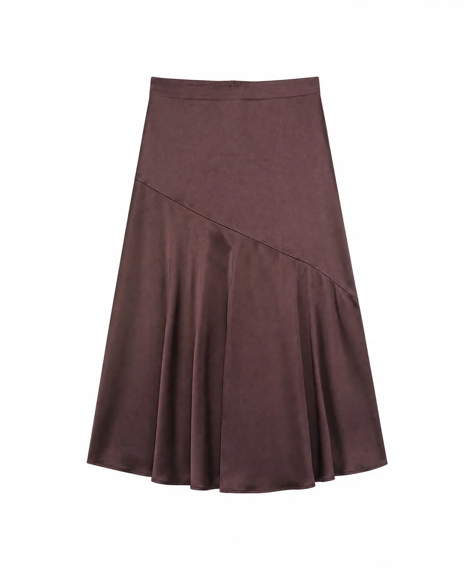 SATIN MIDI SKIRT WITH A BROWN AND GOLD CHAIN - 1