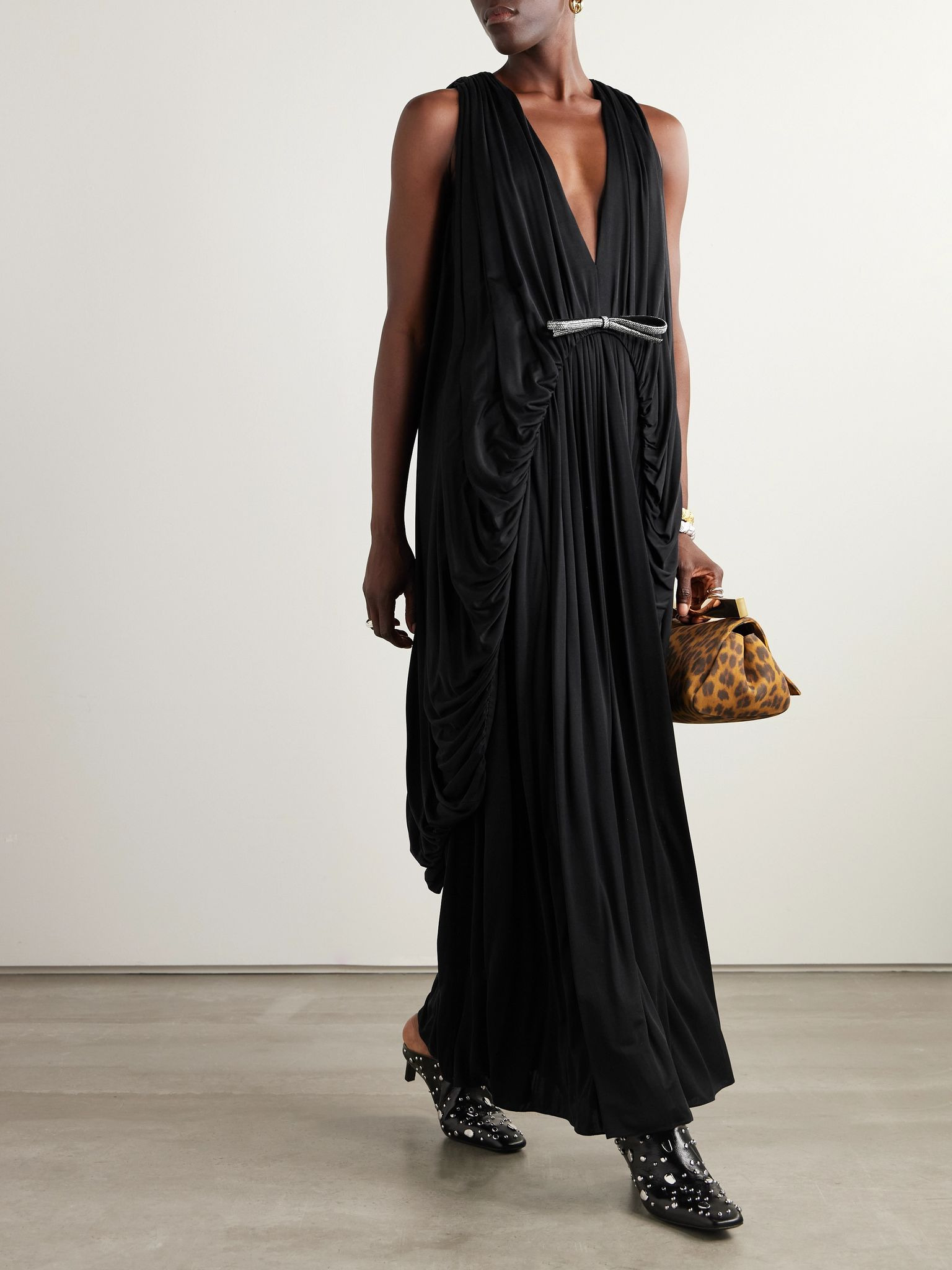 Embellished draped cotton-jersey gown Black - 2