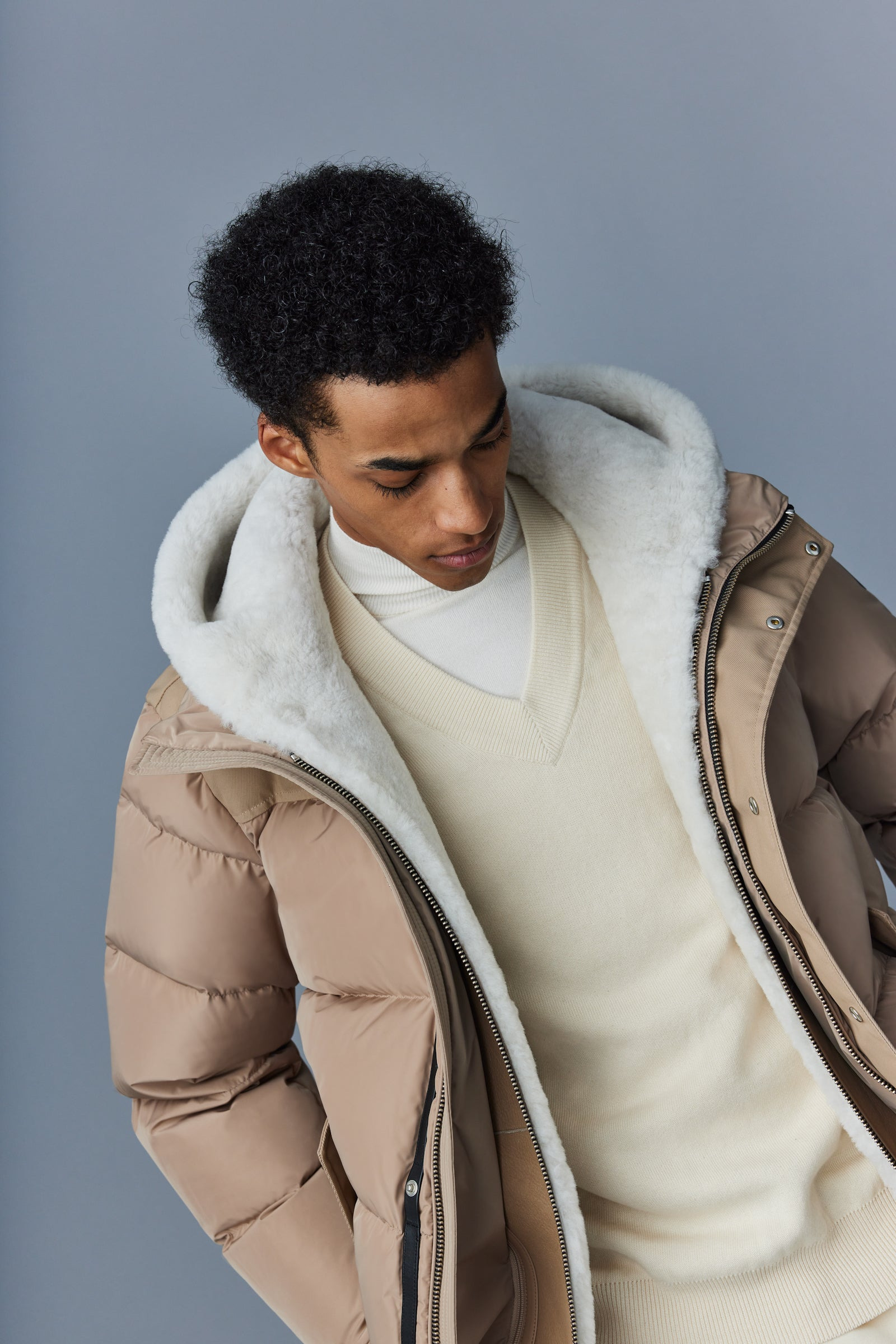 RILEY classic down jacket with removable shearling bib - 5