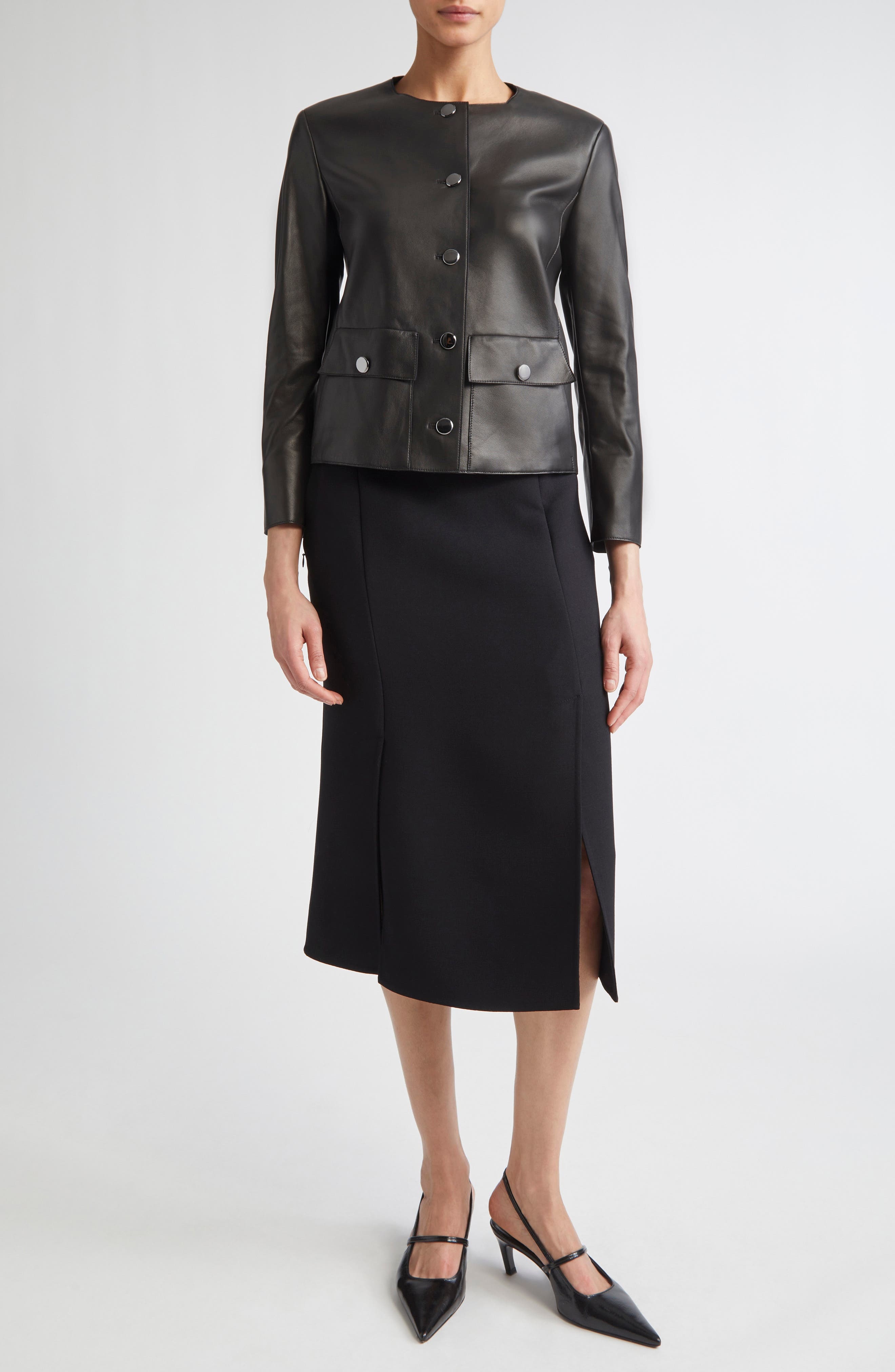 Akris Collarless Lambskin Leather Jacket in Black at Nordstrom - 2