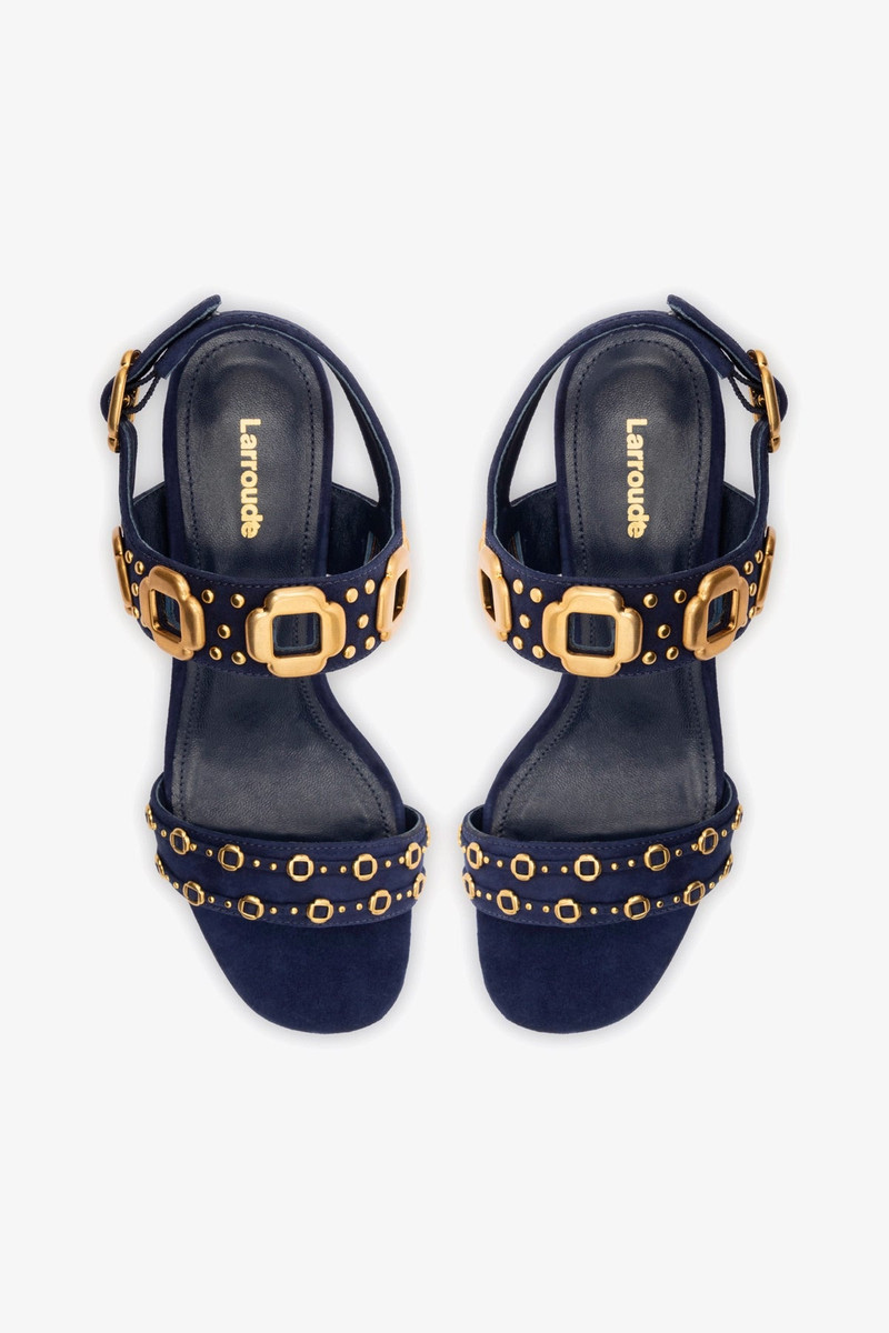 Milan Studs Block Sandal In Navy Suede 7
