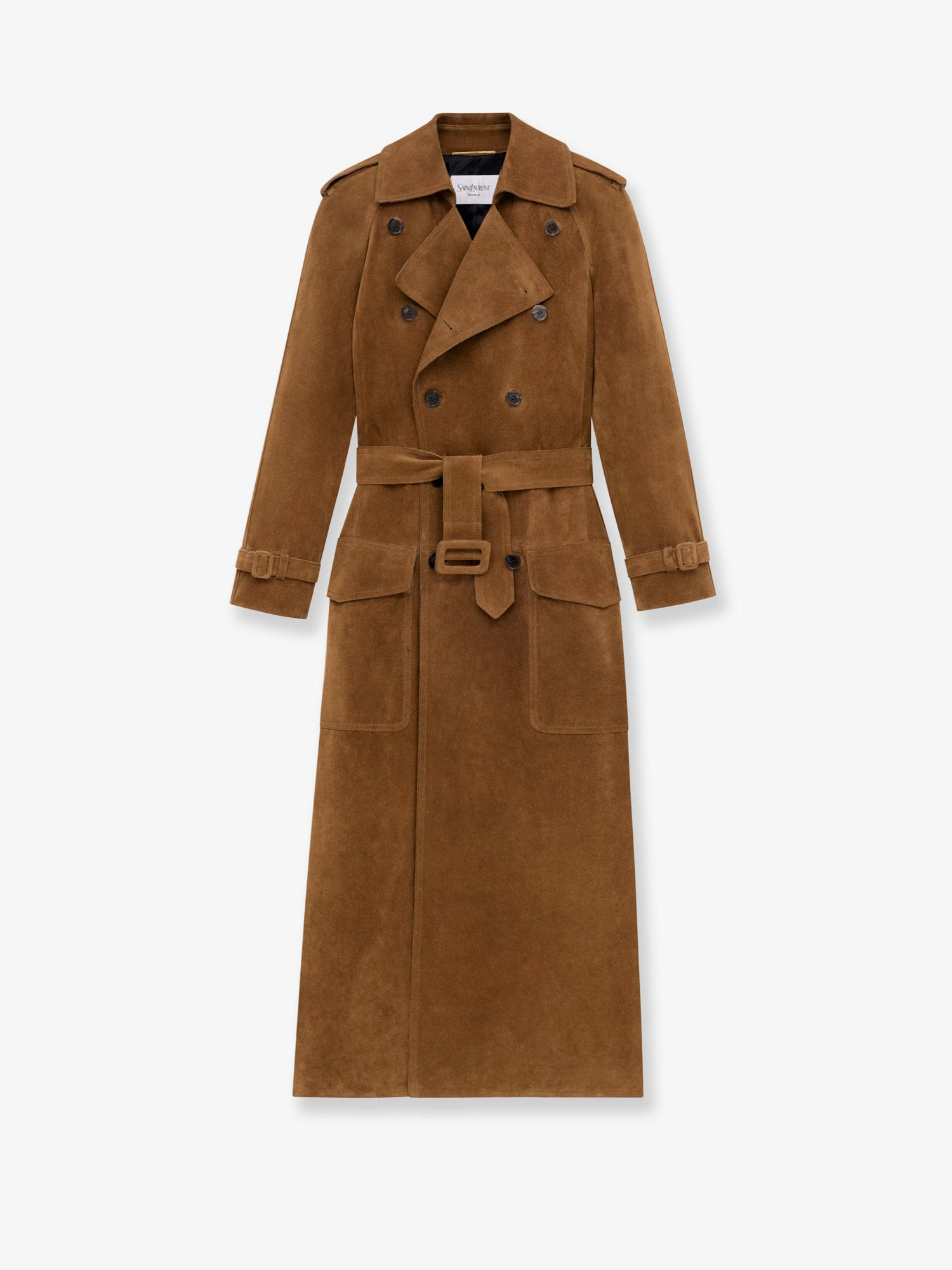 Long Double-Breasted Suede Trench Coat - 1