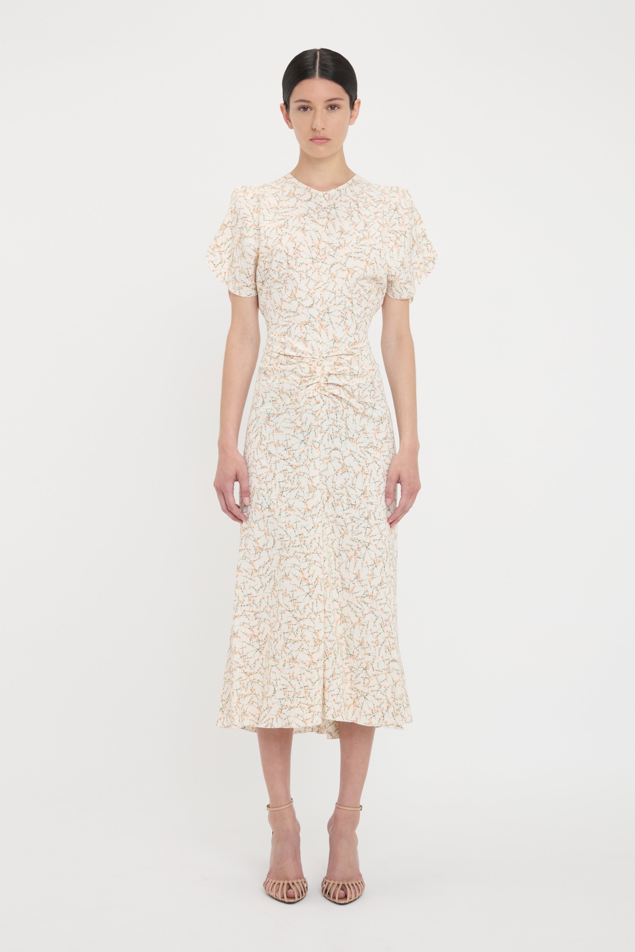 Gathered Waist Midi Dress In Floral Ovation Peach - 2