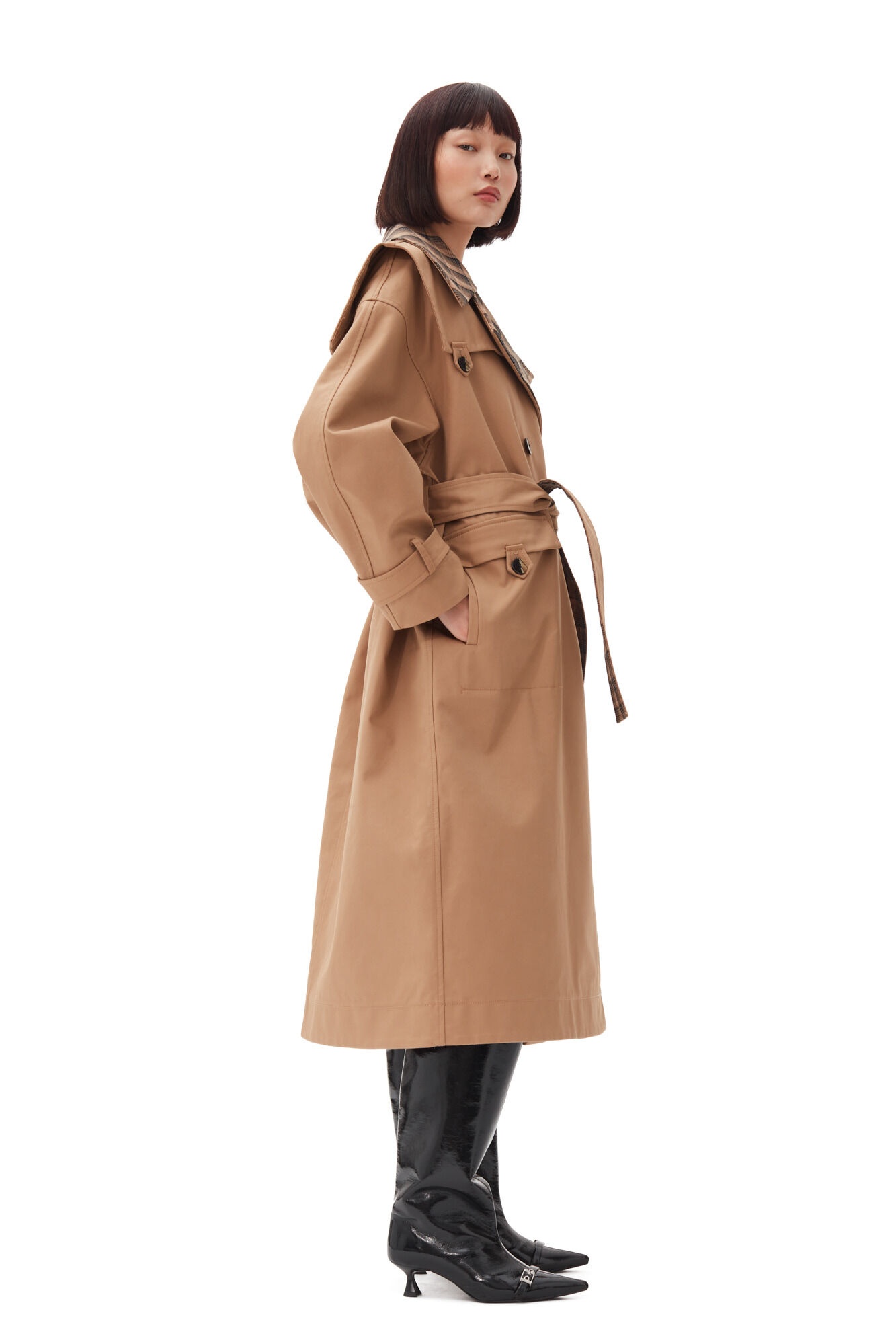 BROWN BONDED COTTON OVERSIZED TRENCH COAT - 6