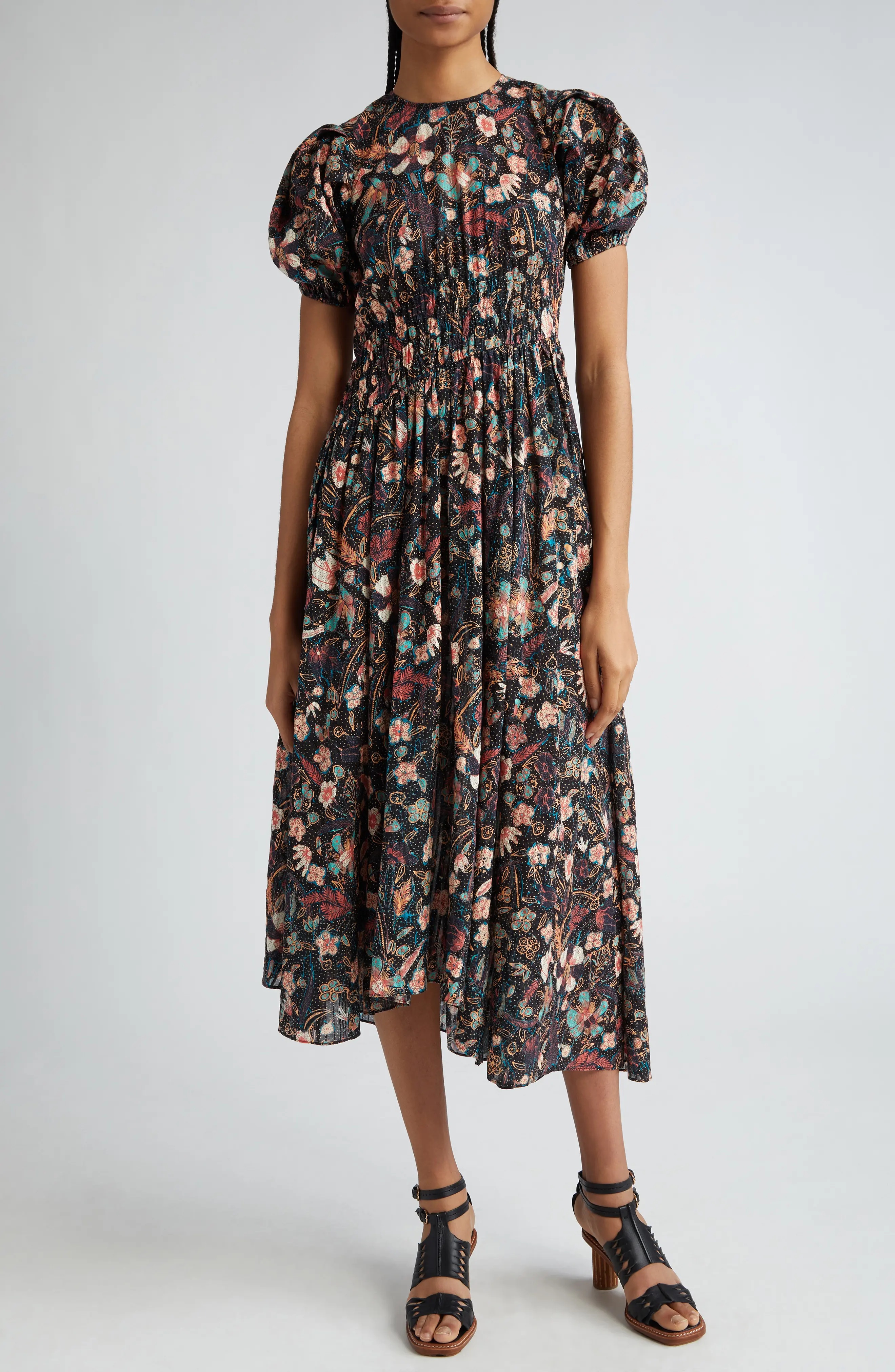 Eden Floral Puff Sleeve Cotton Blend Midi Dress - 1