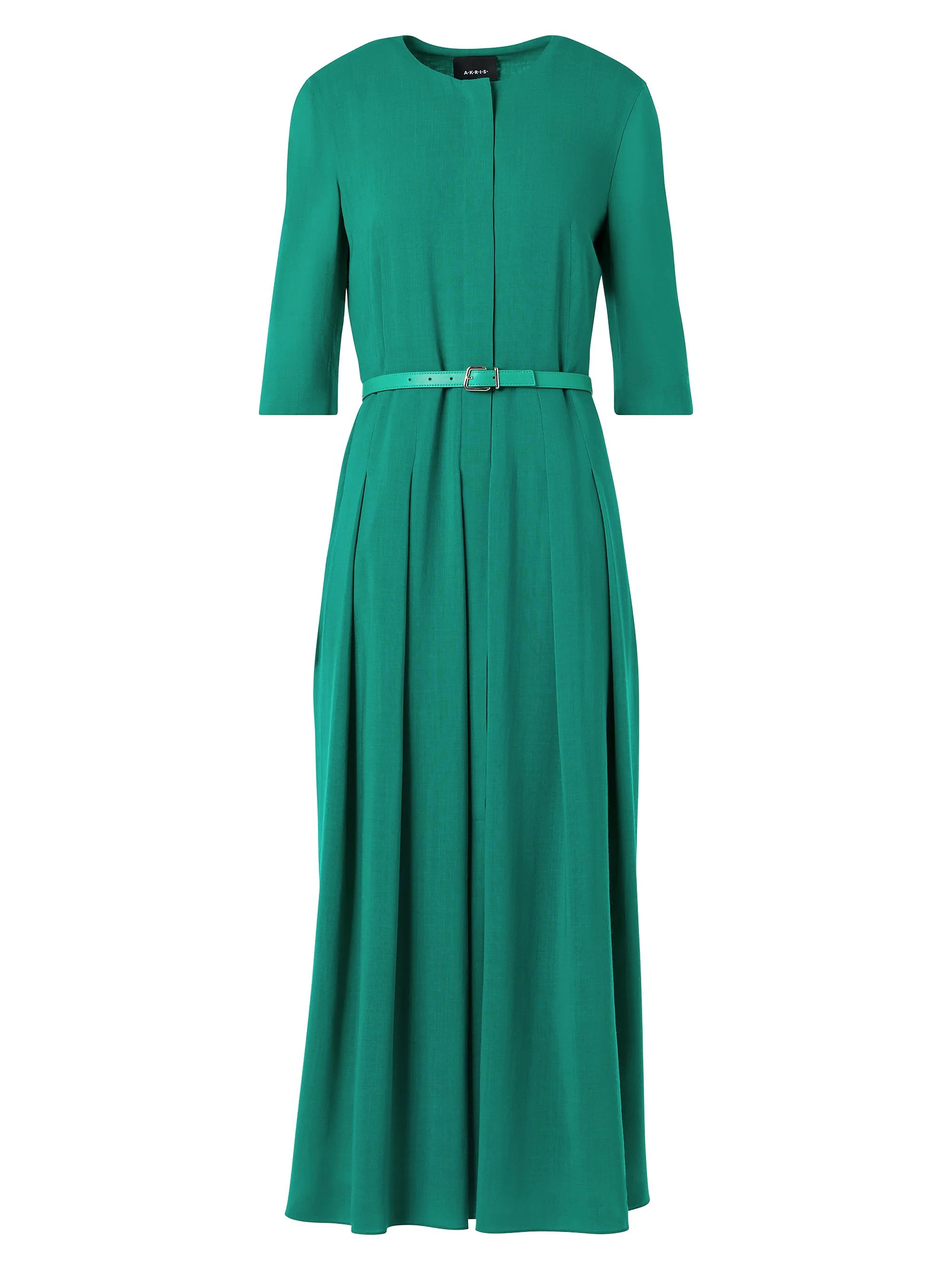 Women's Belted Wool Pleated Midi-Dress - Tourmaline - 1