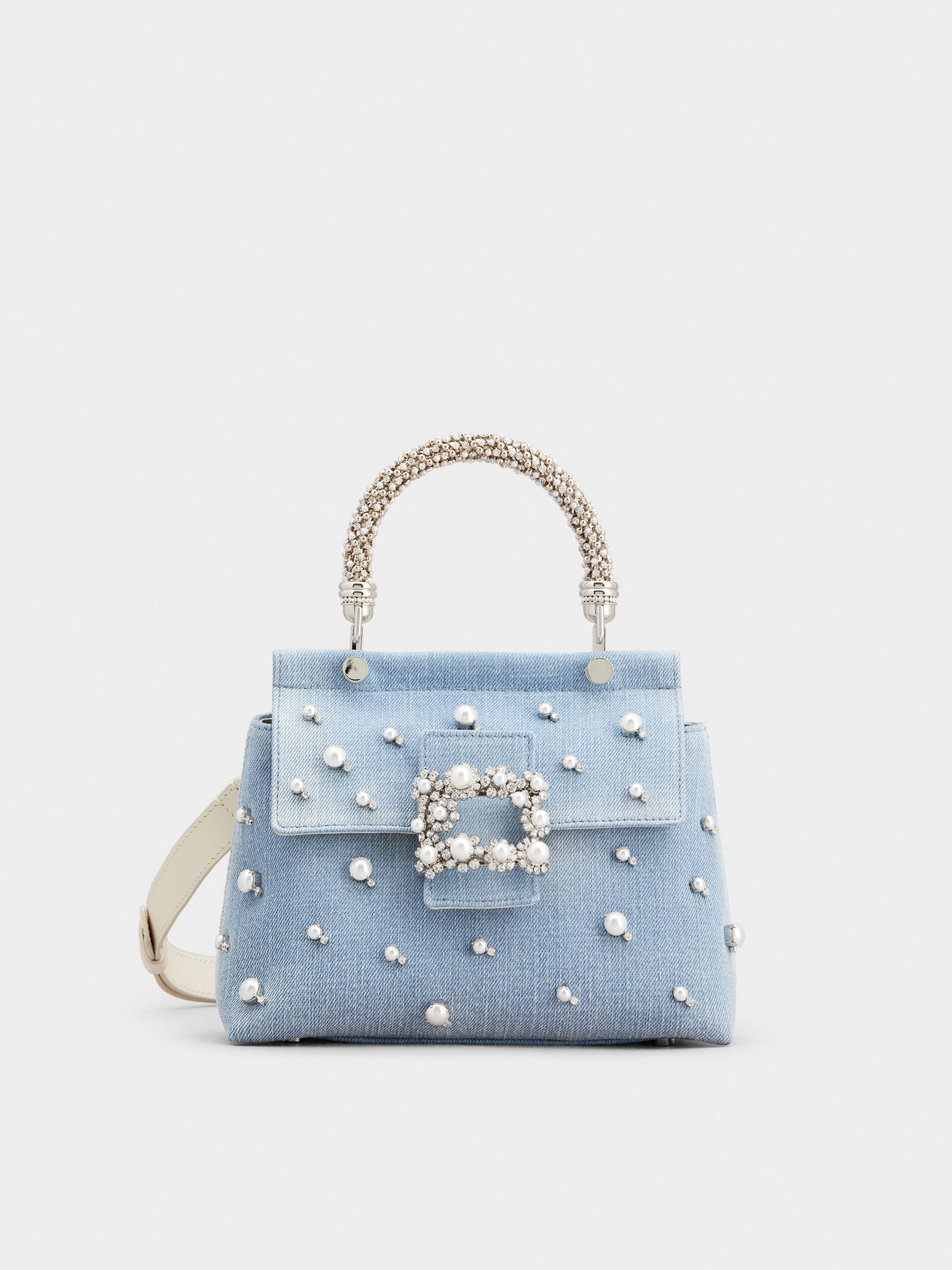 Viv' Cabas Jewel Flower Strass Pearl Buckle Mini Bag in Denim - 1