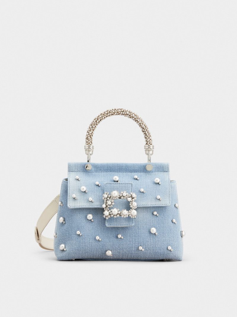 Viv' Cabas Jewel Flower Strass Pearl Buckle Mini Bag in Denim 1