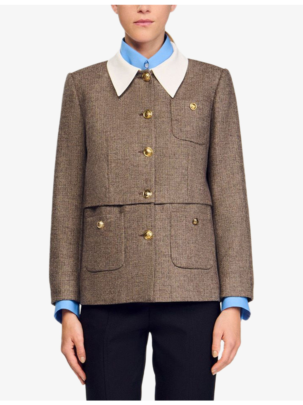 Contrast-Collar Houndstooth Wool-Blend Jacket - 6