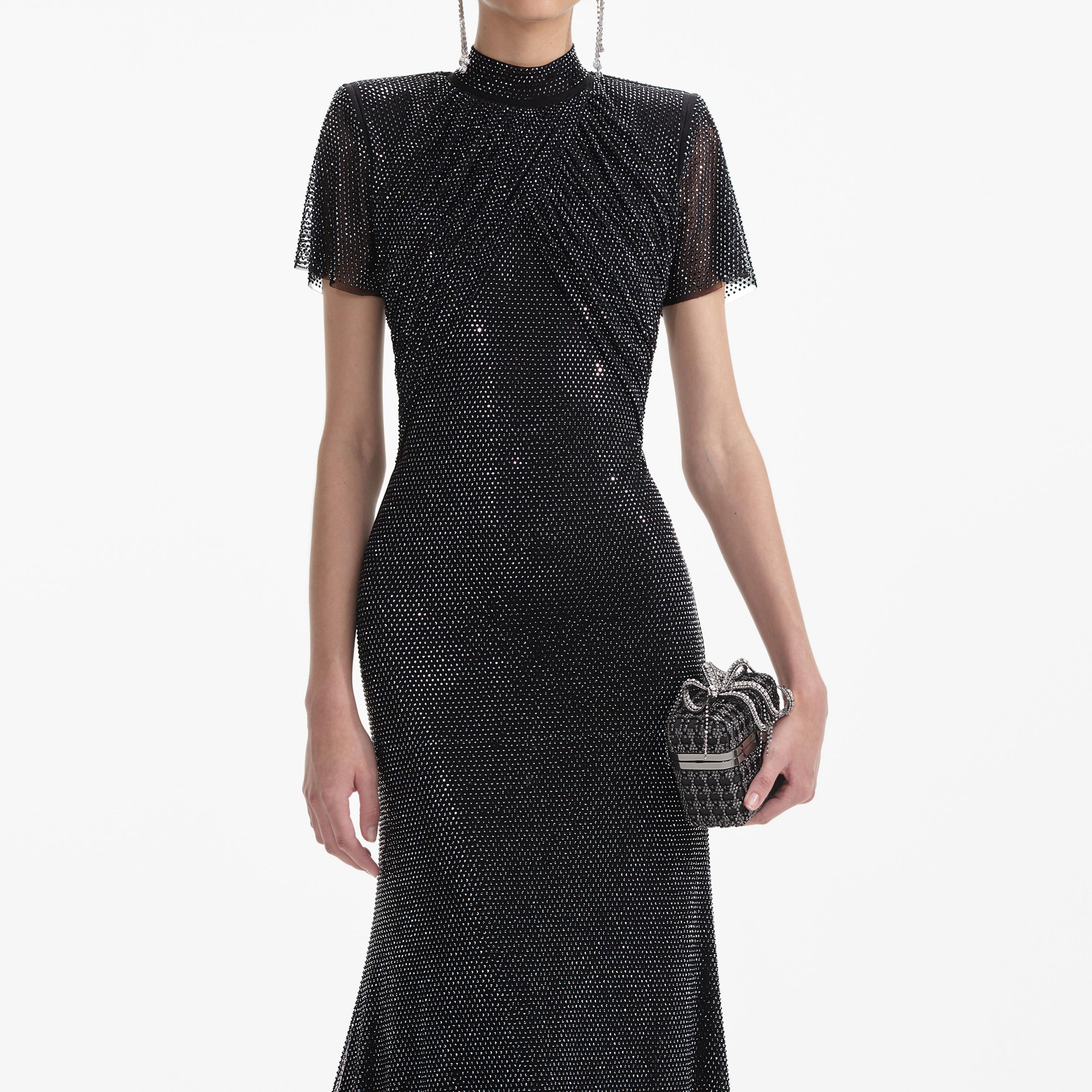 self-portrait Black Rhinestone Mesh Midi Dress | REVERSIBLE