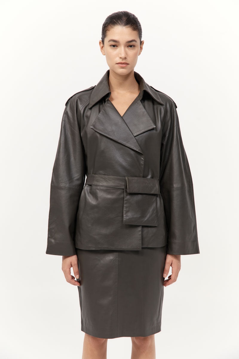 Cropped Leather Trench - Khaki - 2