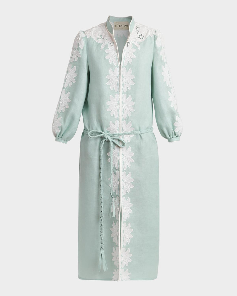 Floral Embroidered Linen Belted Midi Dress 1