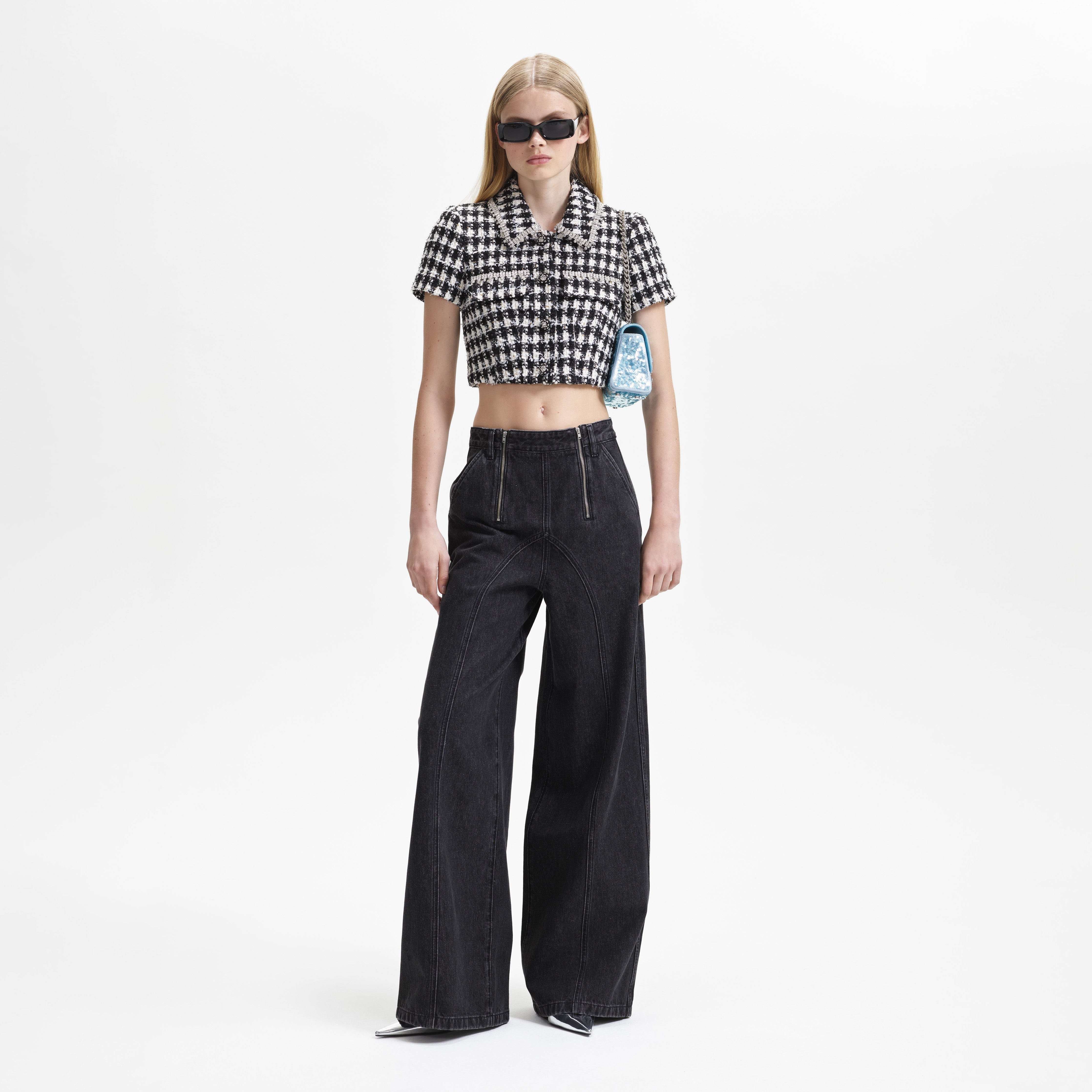 Black Check Boucle Crop Top - 1